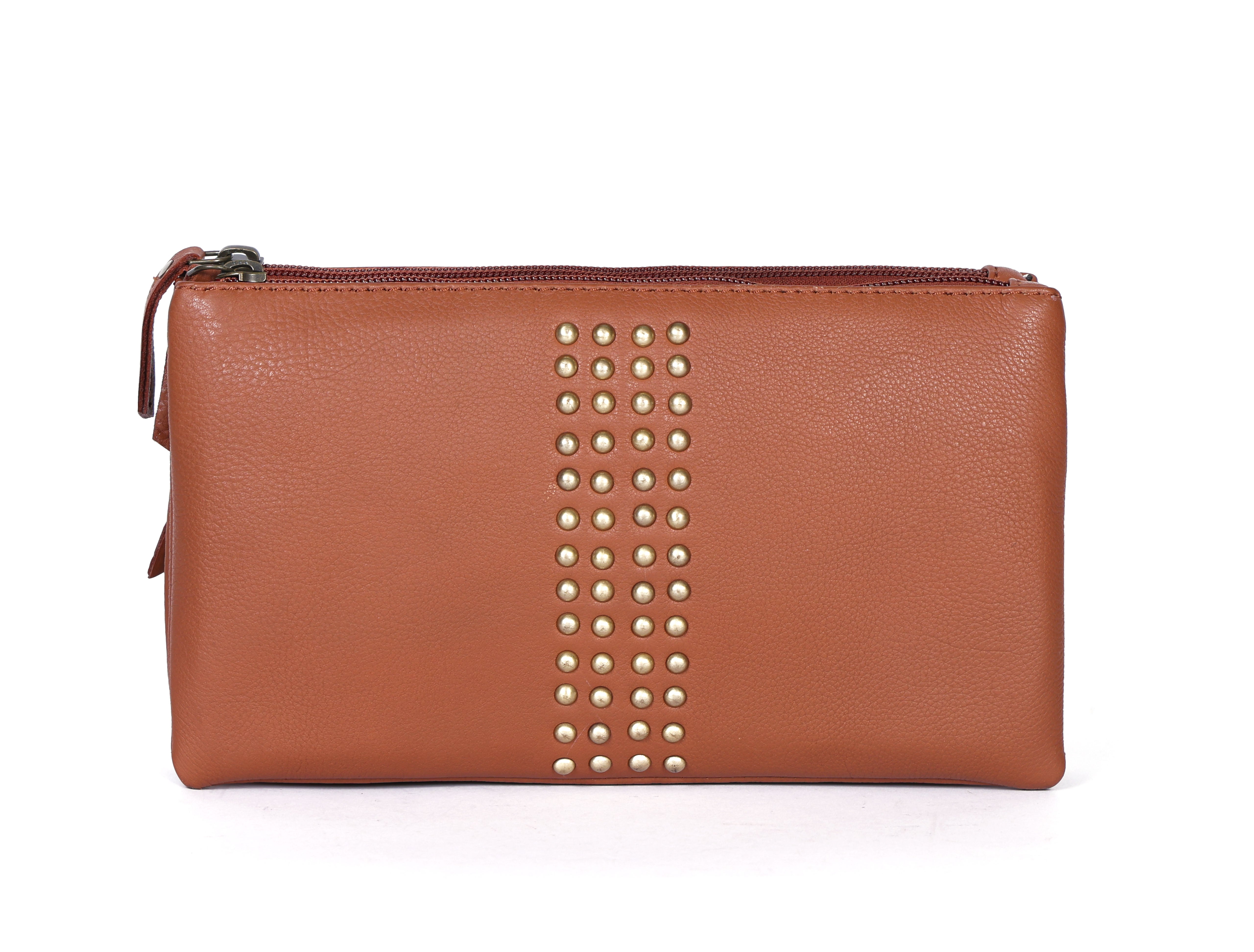 Premium Genuine Leather Studded Wristlet Sling with Dual Zip Compartments for Women