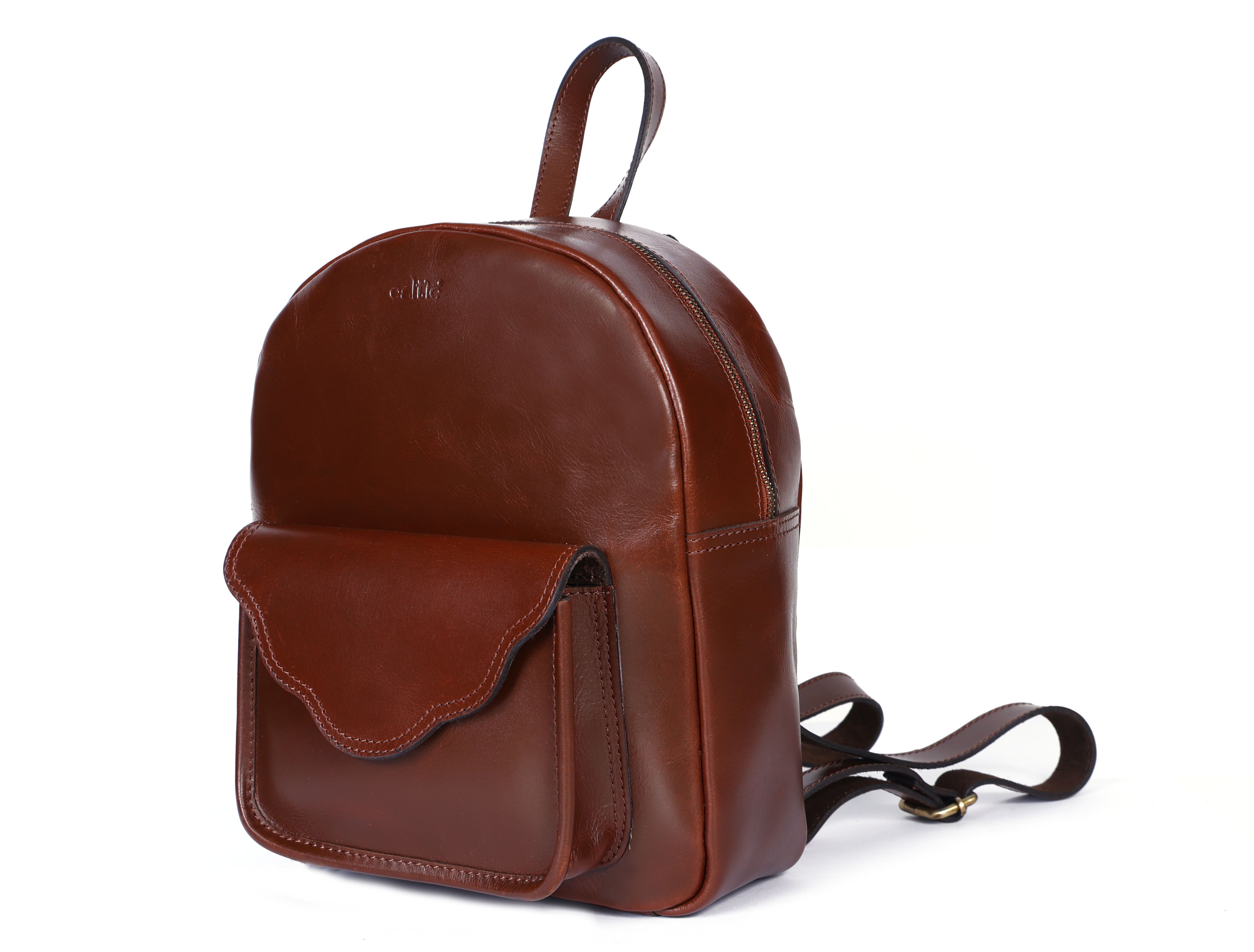 Genuine Leather Mini Backpack for Women with Front Pocket Classic Brown Daypack