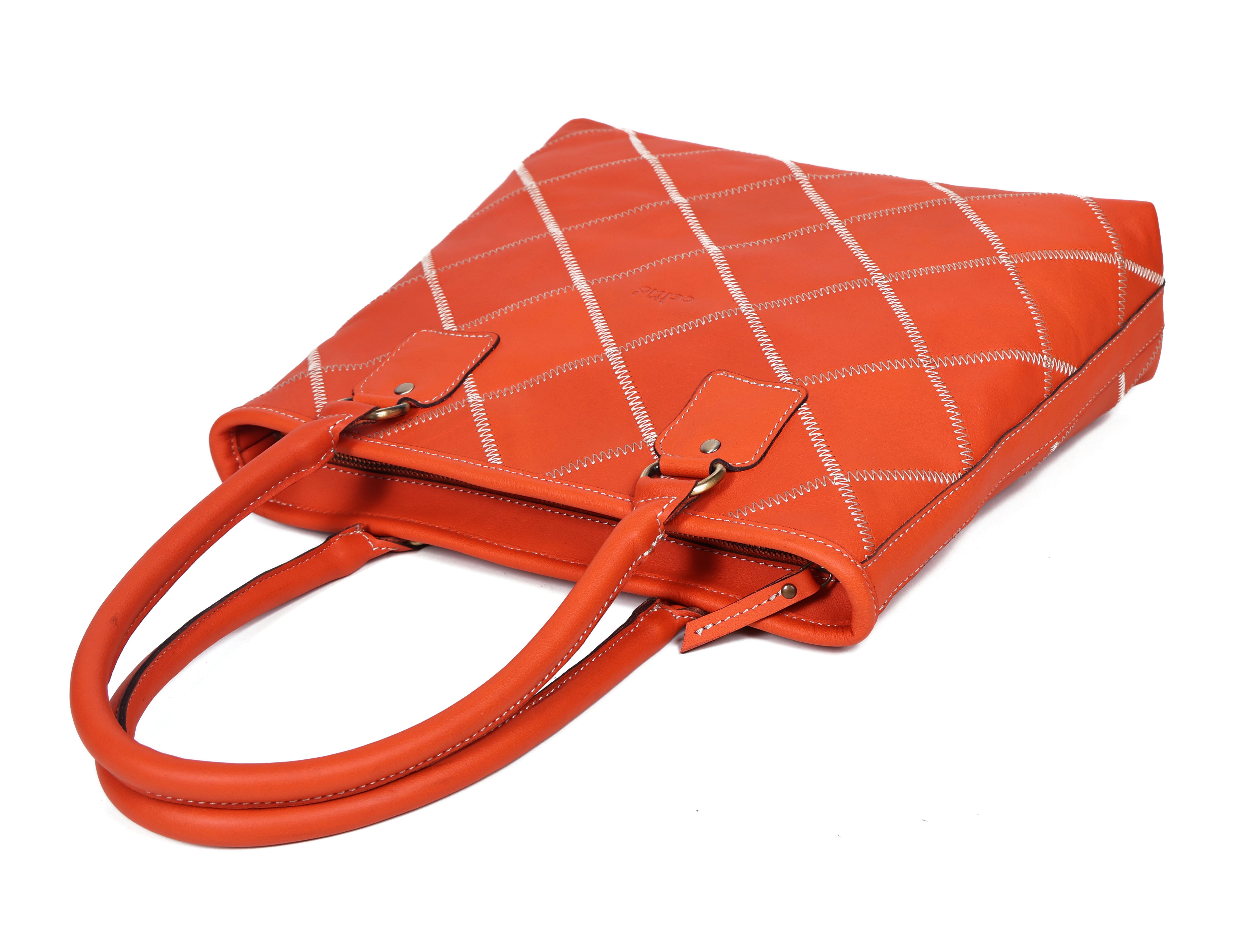Genuine Leather Red Tote Bag with Check Stitch Design and Zip Closure