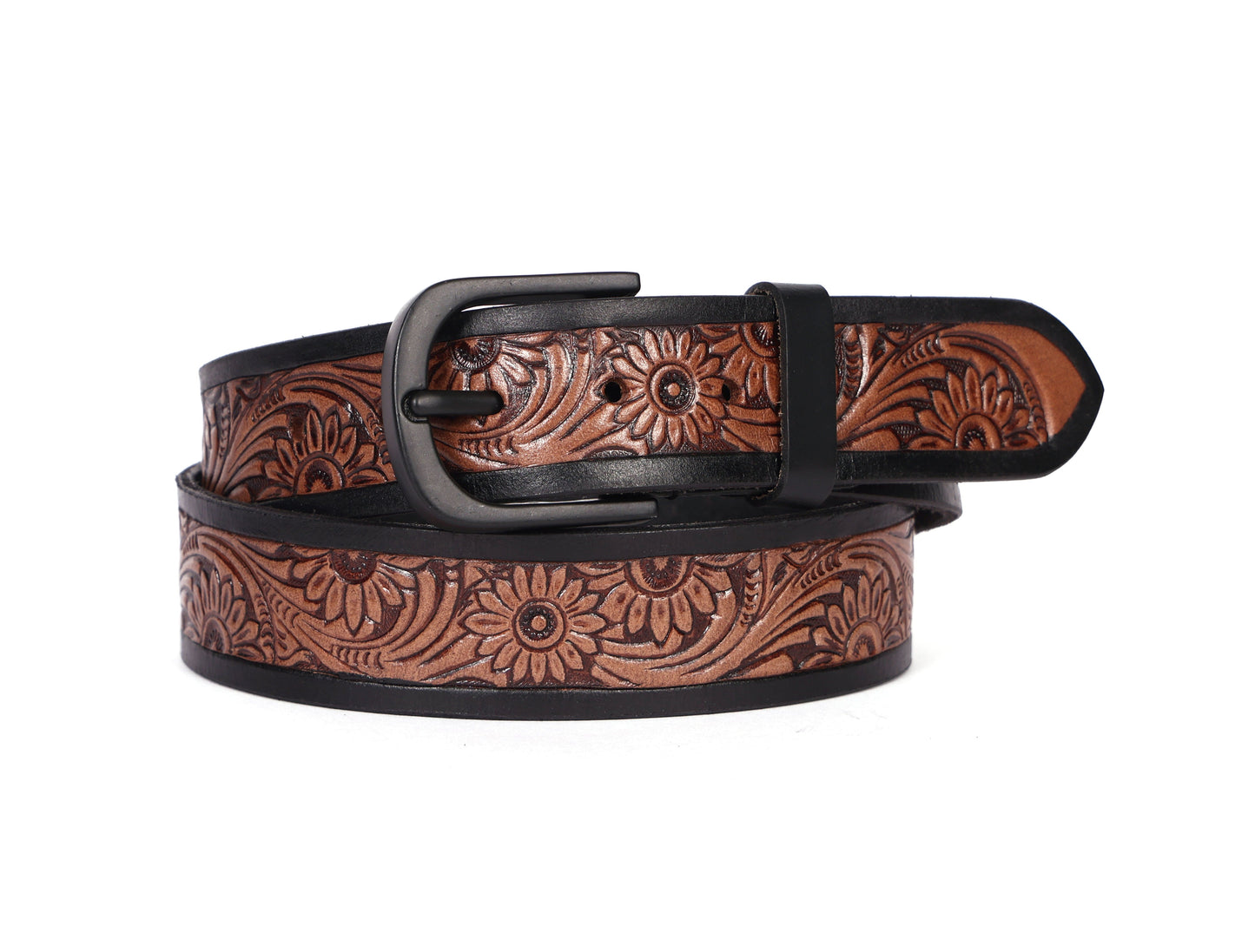 Exquisite Hand-Carved Leather Belt with Black Buckle, Crafted in India - CELTICINDIA