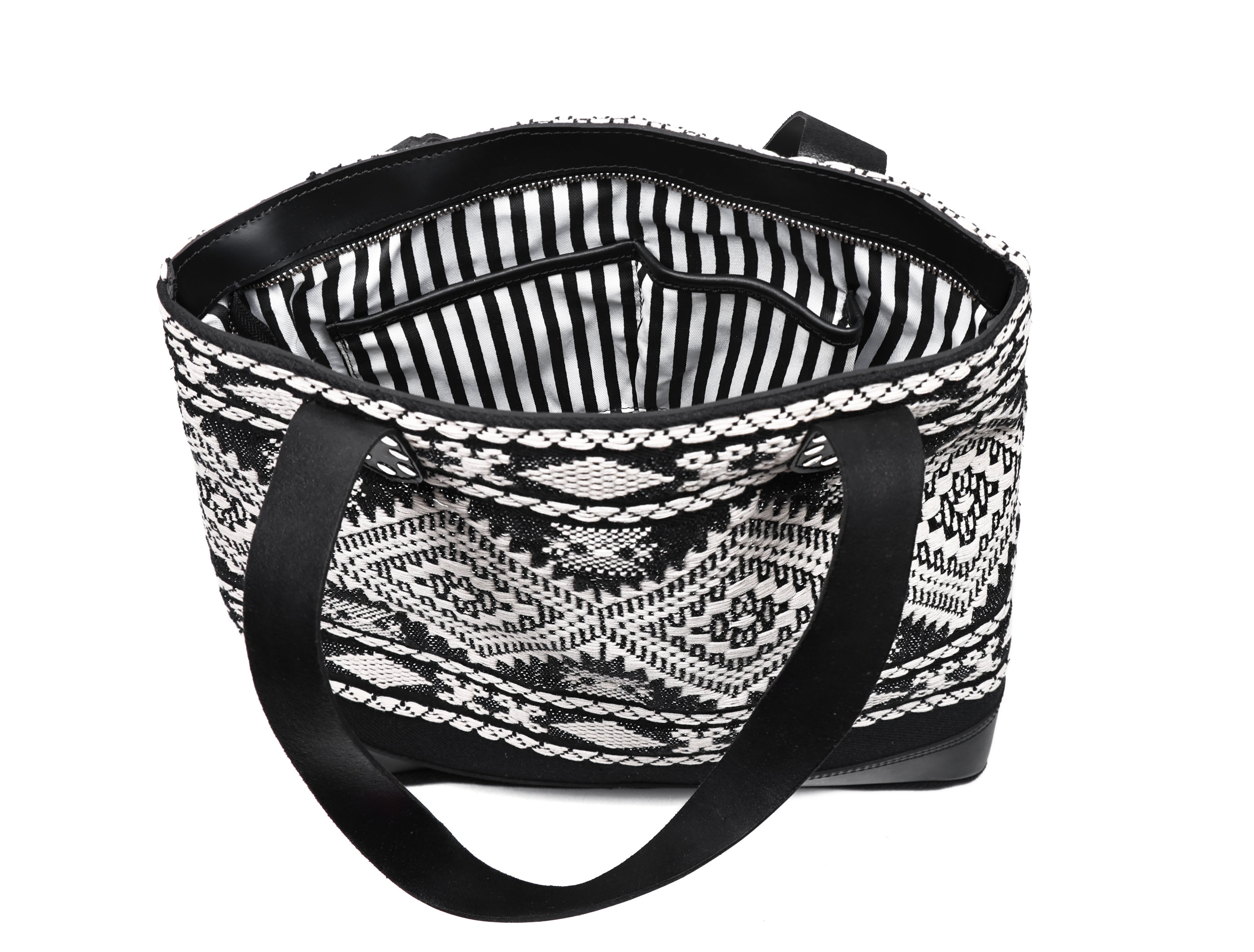 Premium Black & White Jacquard Tote Bag With Spacious Zipper Compartments