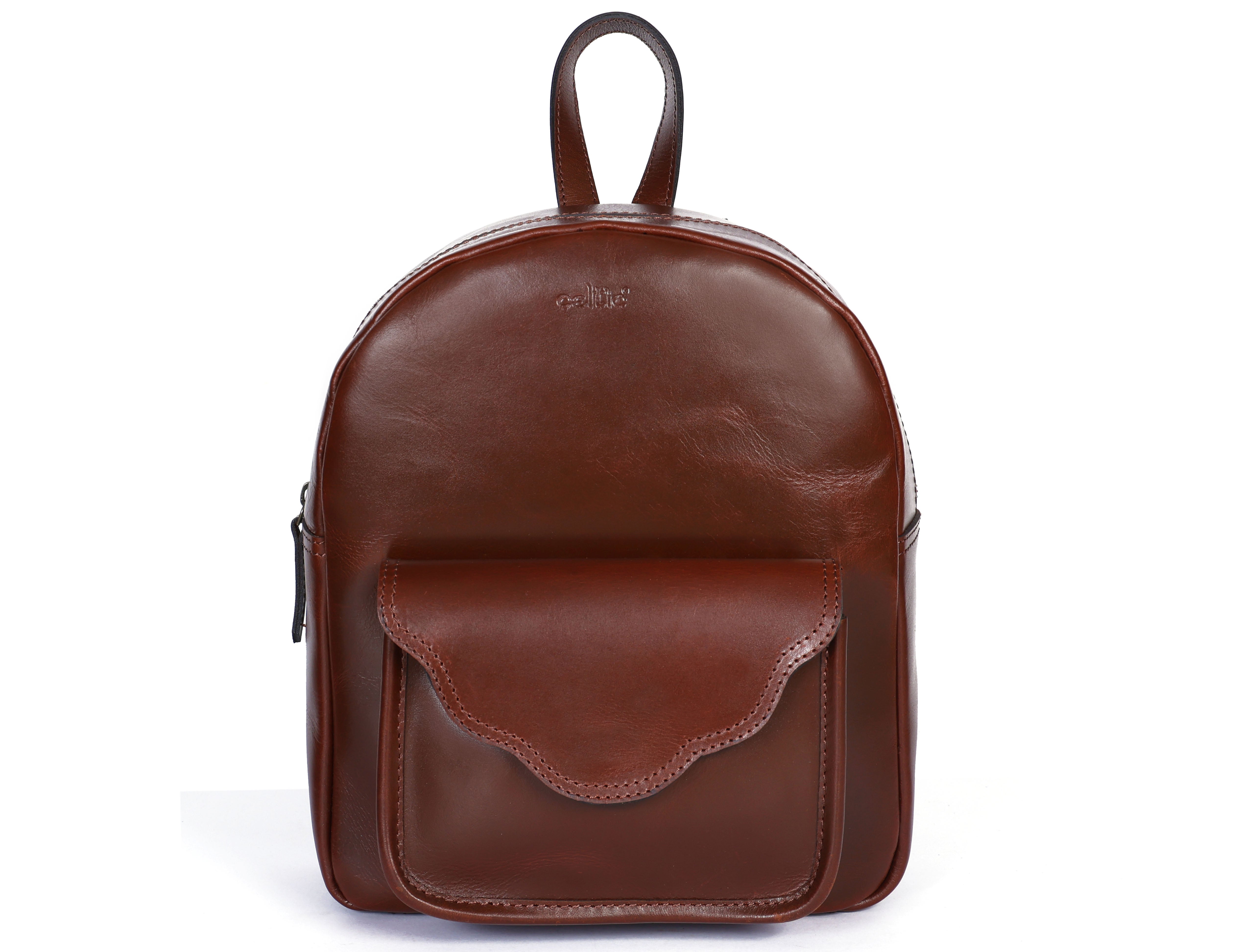 Genuine Leather Mini Backpack for Women with Front Pocket Classic Brown Daypack