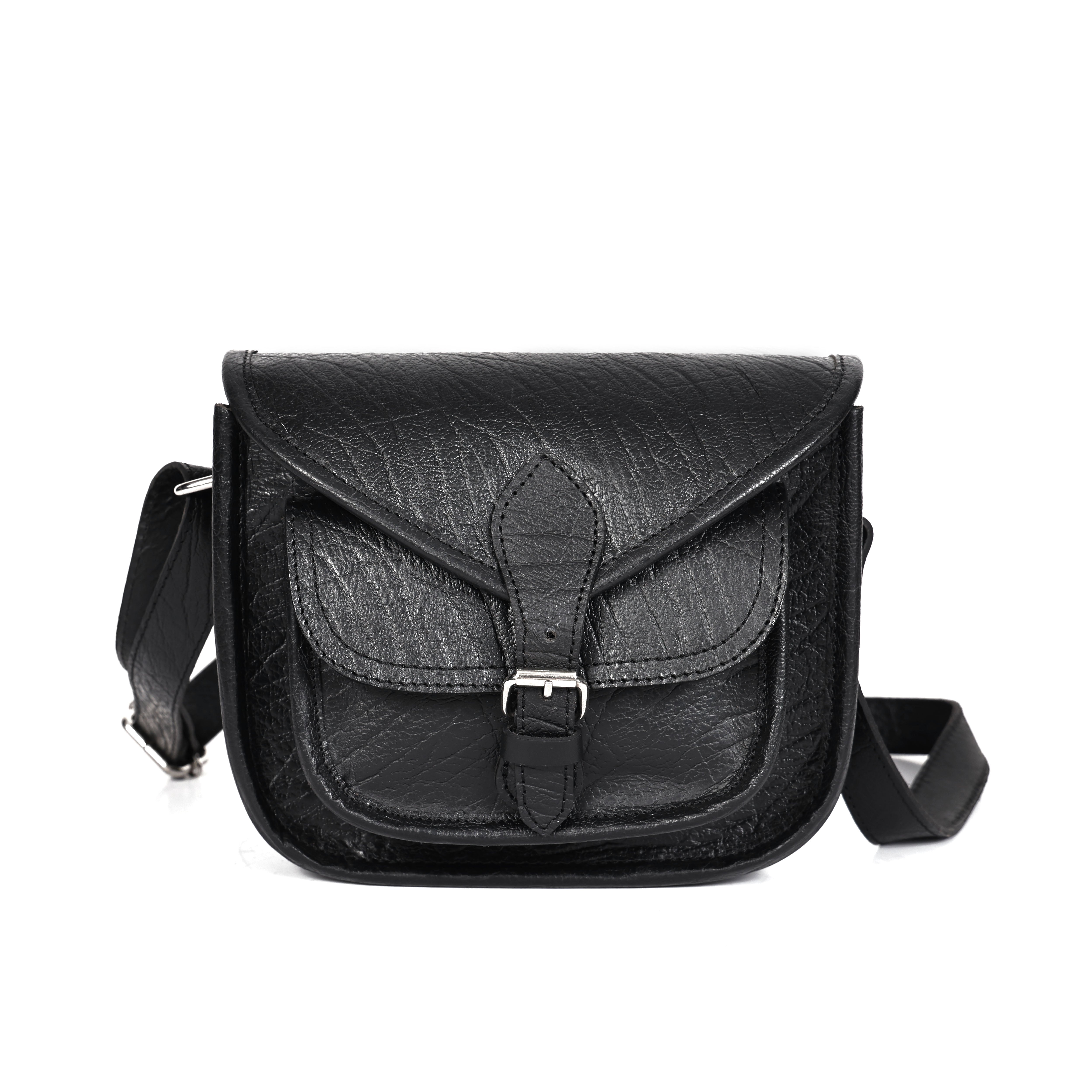 Black Wrinkle-Texture Leather Sling bag with Front Pocket & Adjustable Strap