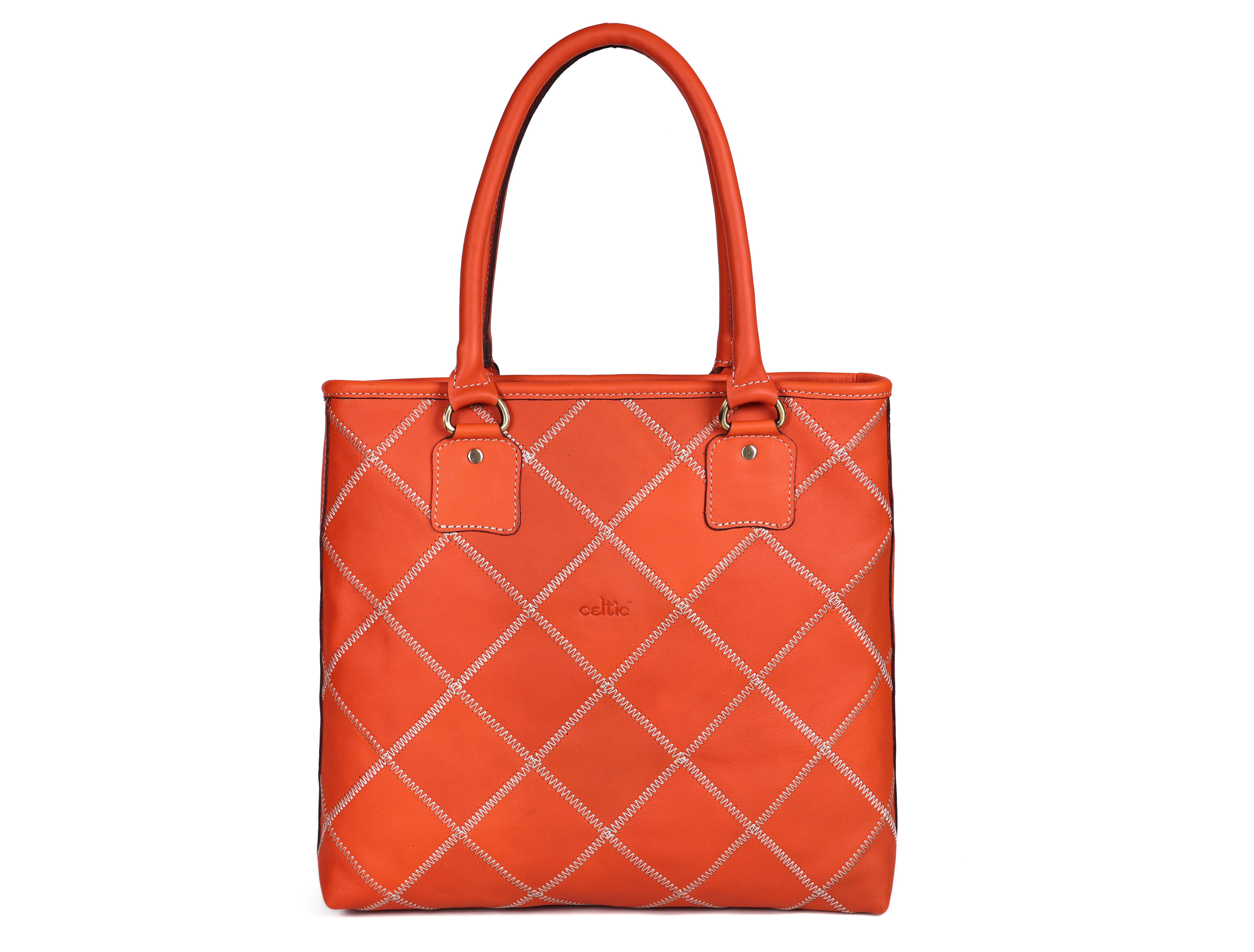 Genuine Leather Red Tote Bag with Check Stitch Design and Zip Closure