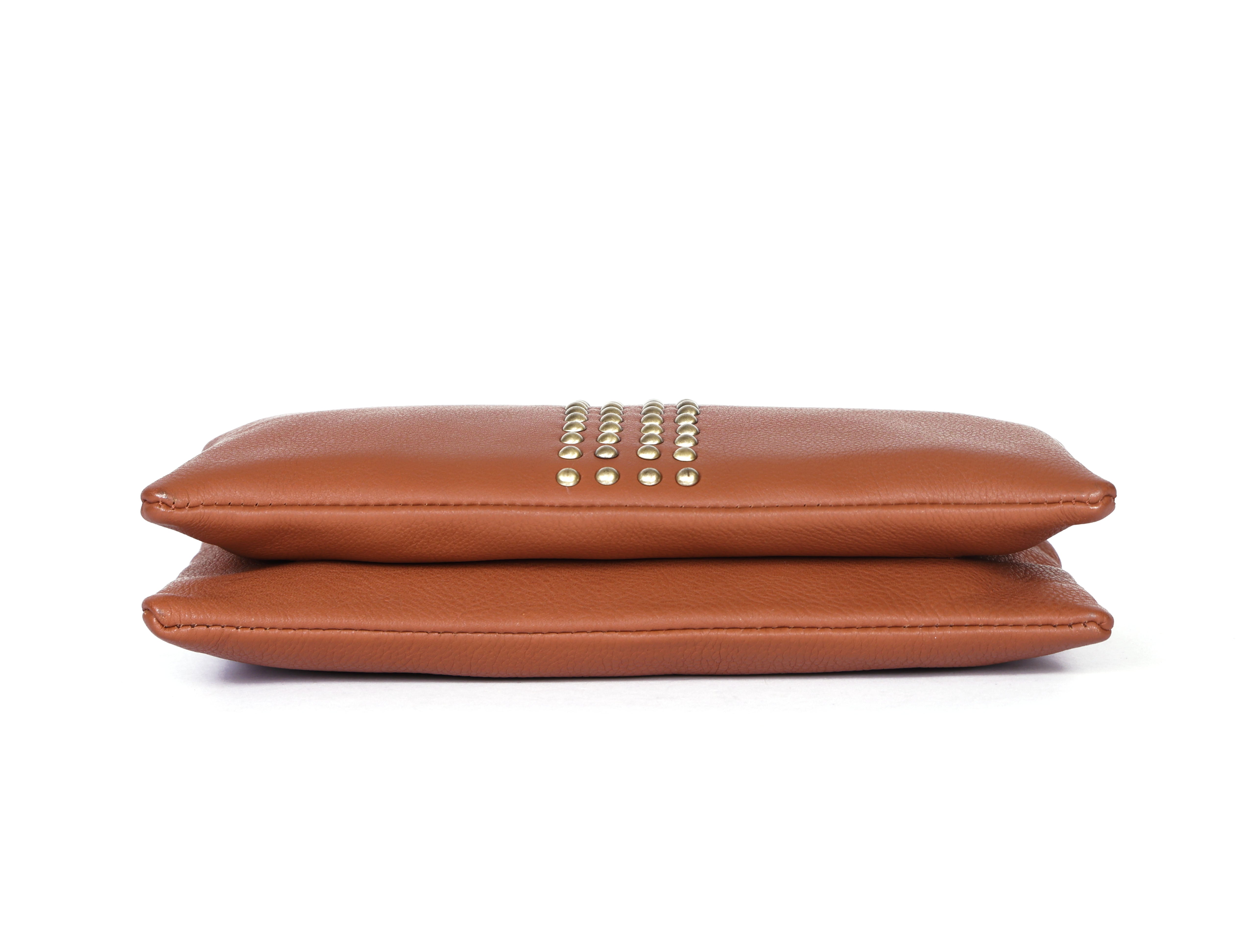 Premium Genuine Leather Studded Wristlet Sling with Dual Zip Compartments for Women