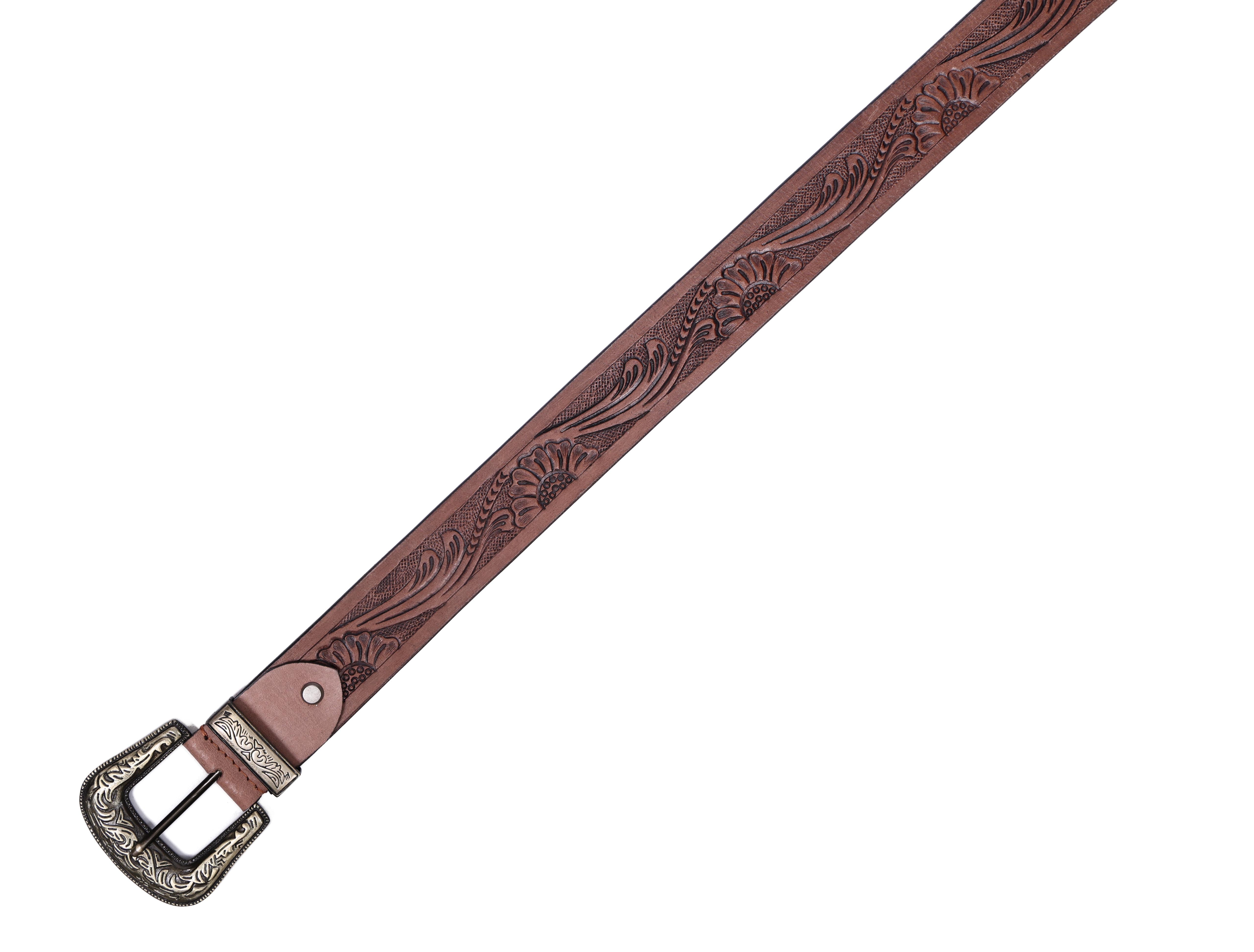 Genuine Leather Embossed Black Western Waist Accessory Ornate Buckle Tip