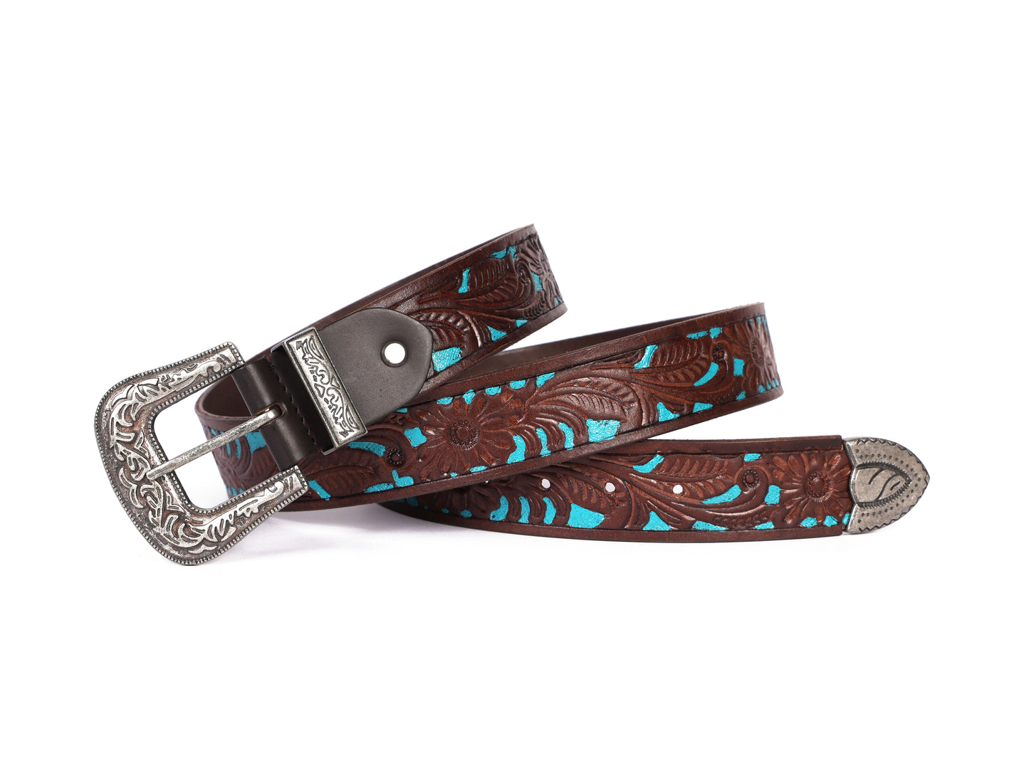 Brown and Blue Hand-Tooled Leather Belt with a Designer Buckle. - CELTICINDIA