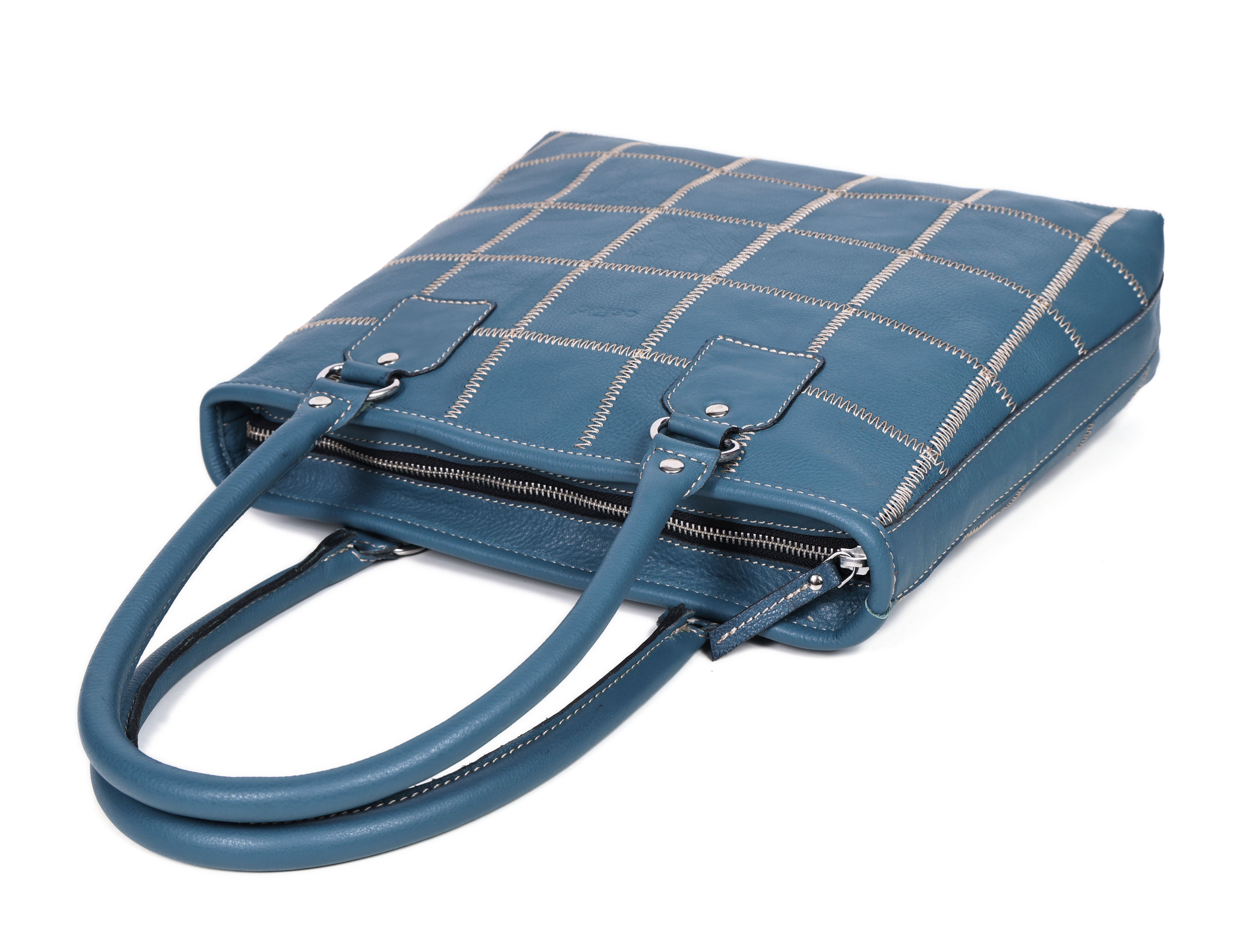 Genuine Leather Blue Tote Bag with Check Stitch Design and Zip Closure