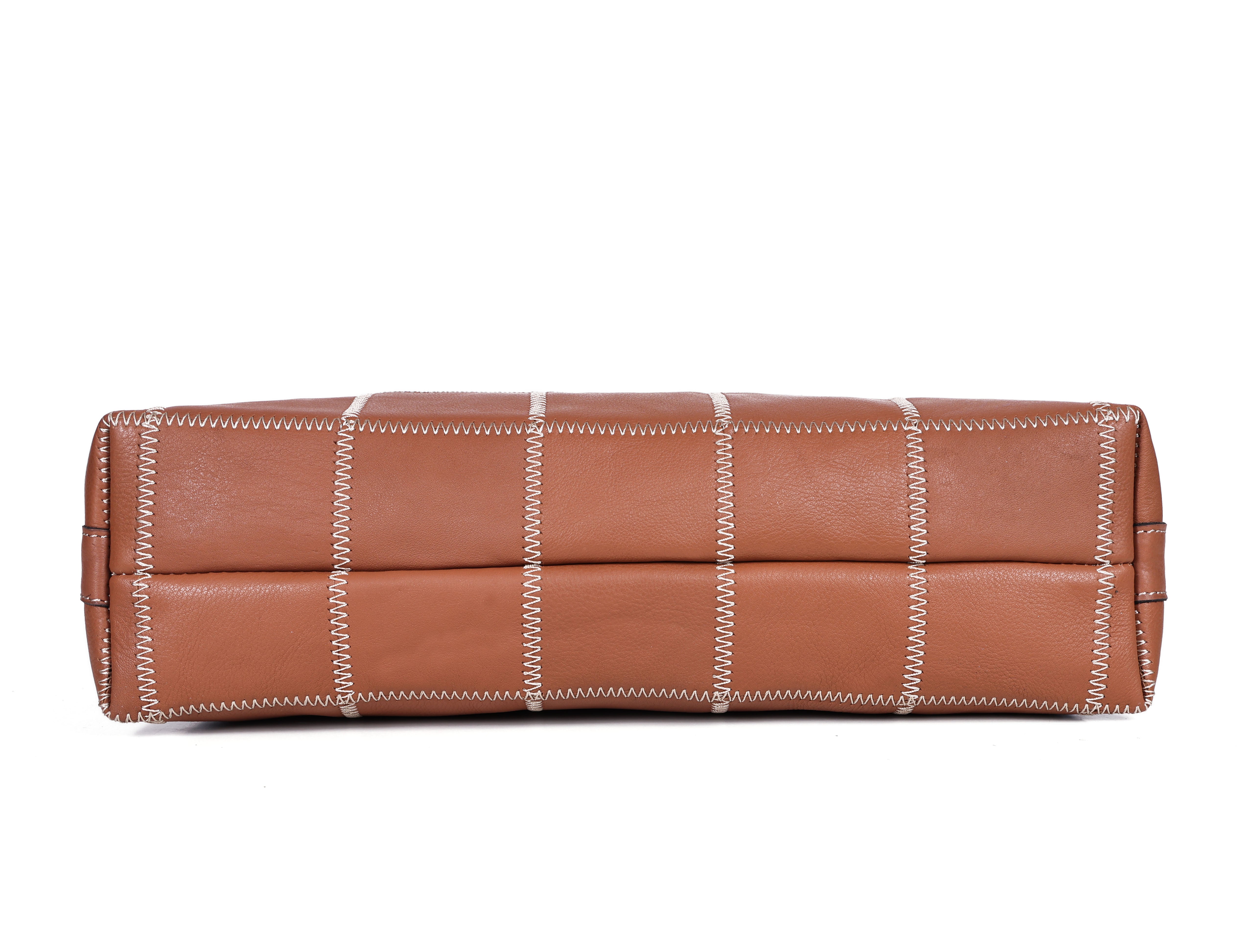 Genuine Leather Brown Tote Bag with Check Stitch Design and Zip Closure