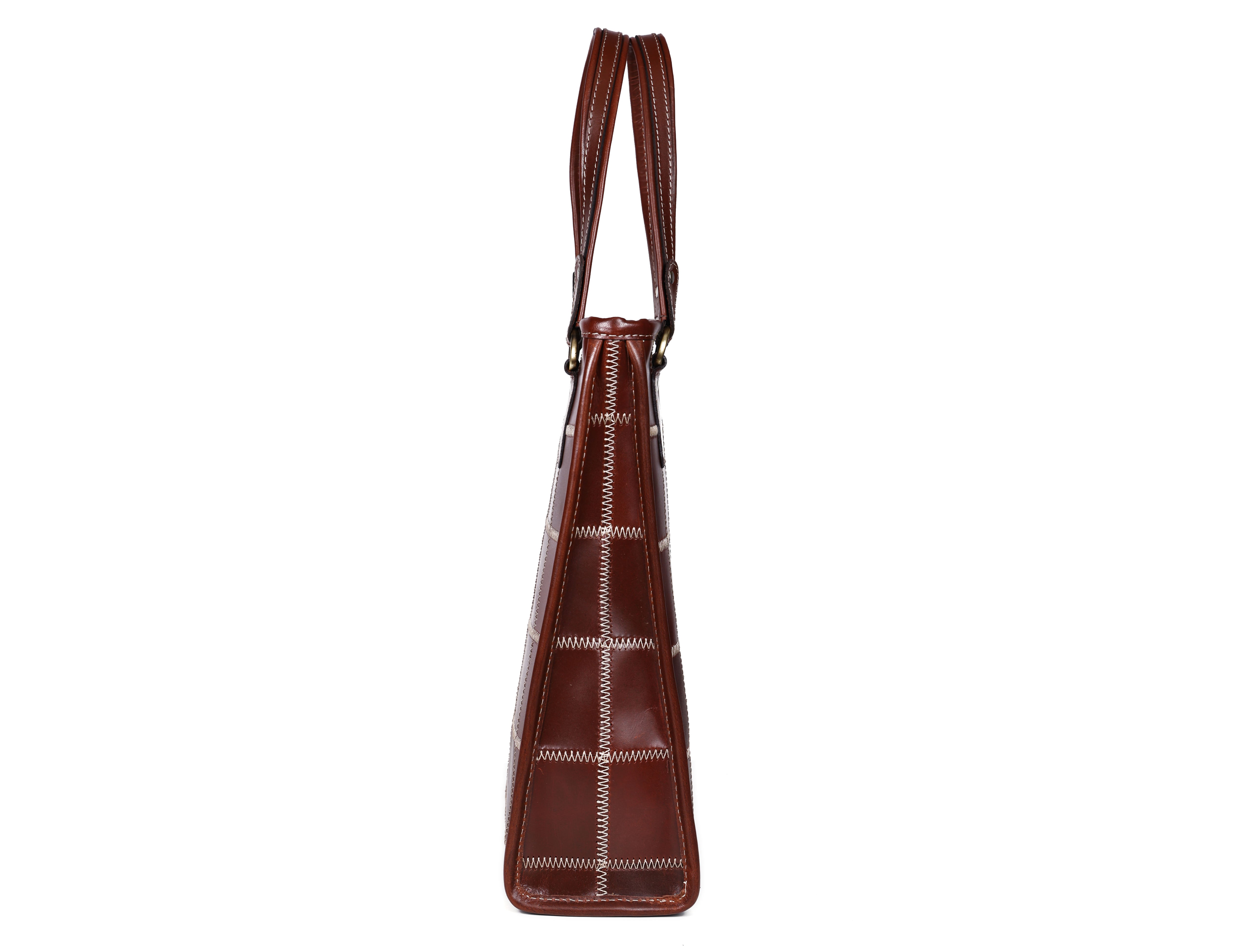 Premium Genuine Leather Shoulder totebag with Grid Stitching & Zip Closure