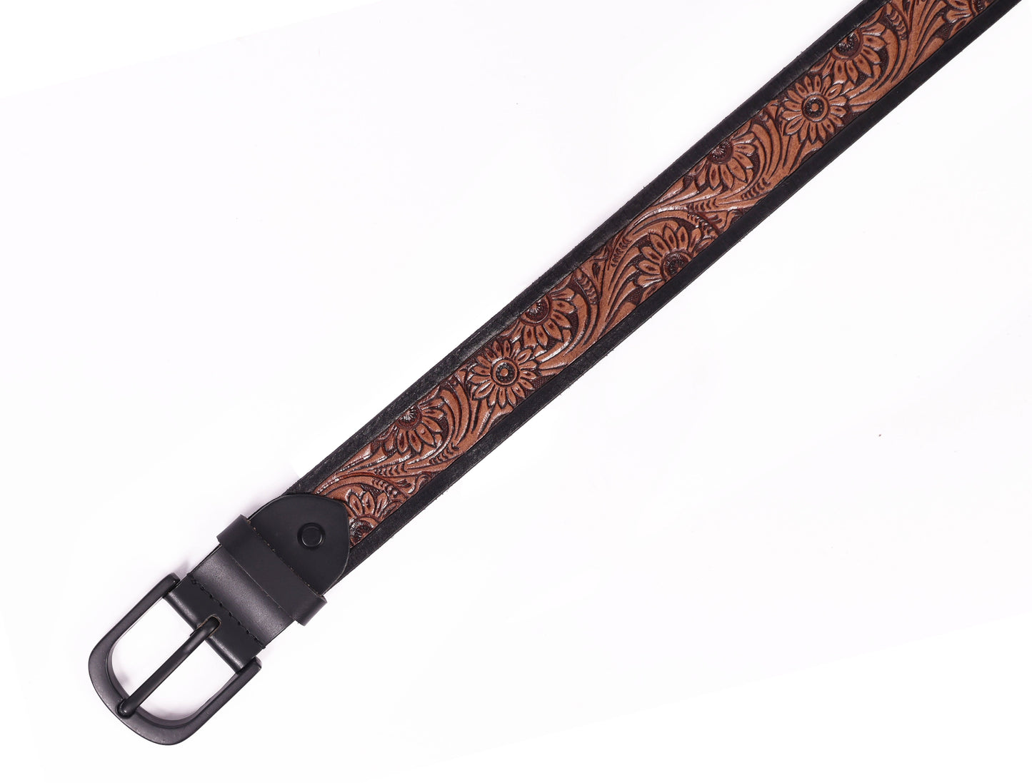 Exquisite Hand-Carved Leather Belt with Black Buckle, Crafted in India - CELTICINDIA