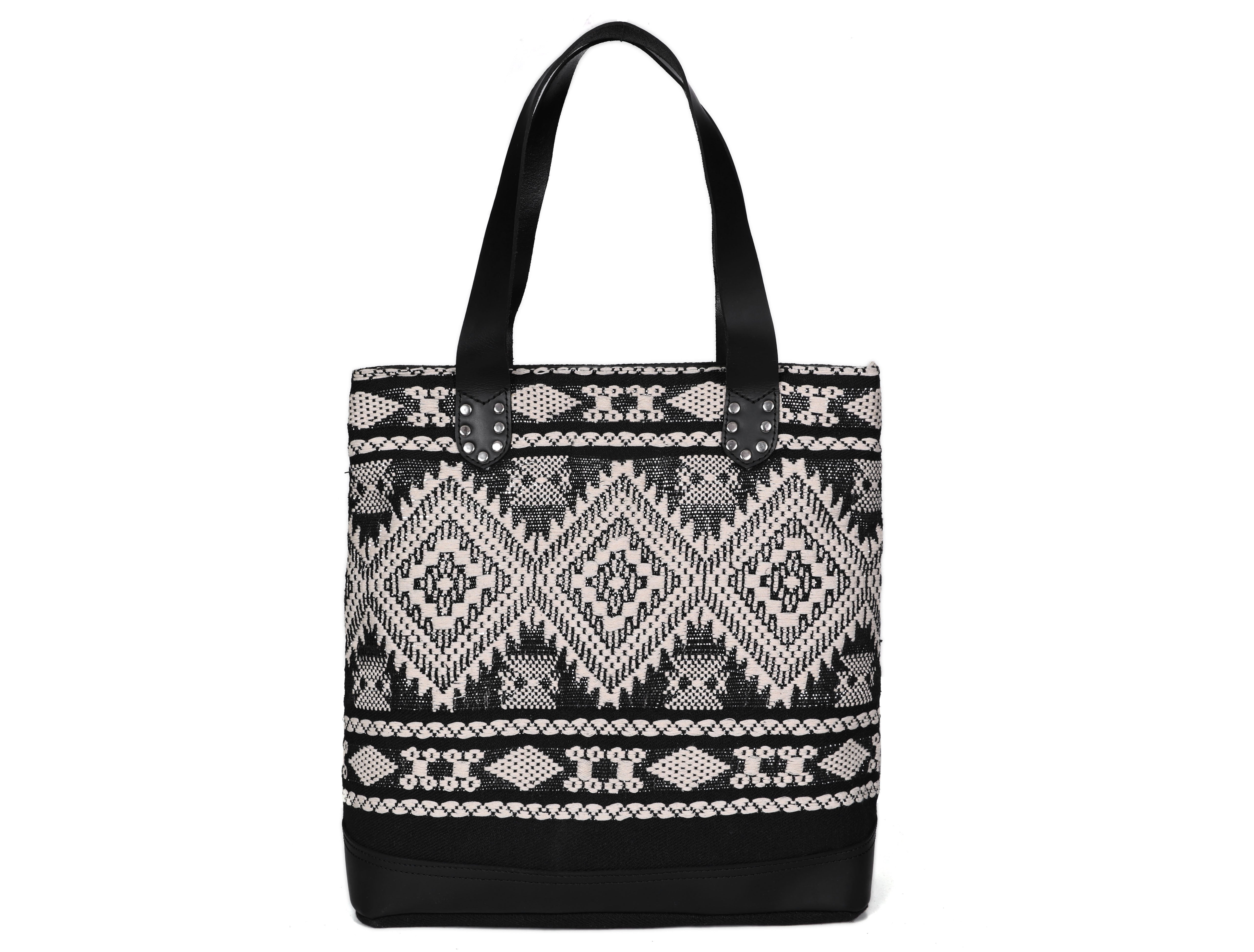 Premium Black & White Jacquard Tote Bag With Spacious Zipper Compartments