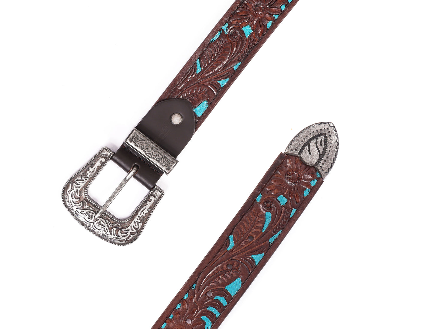 Brown and Blue Hand-Tooled Leather Belt with a Designer Buckle. - CELTICINDIA