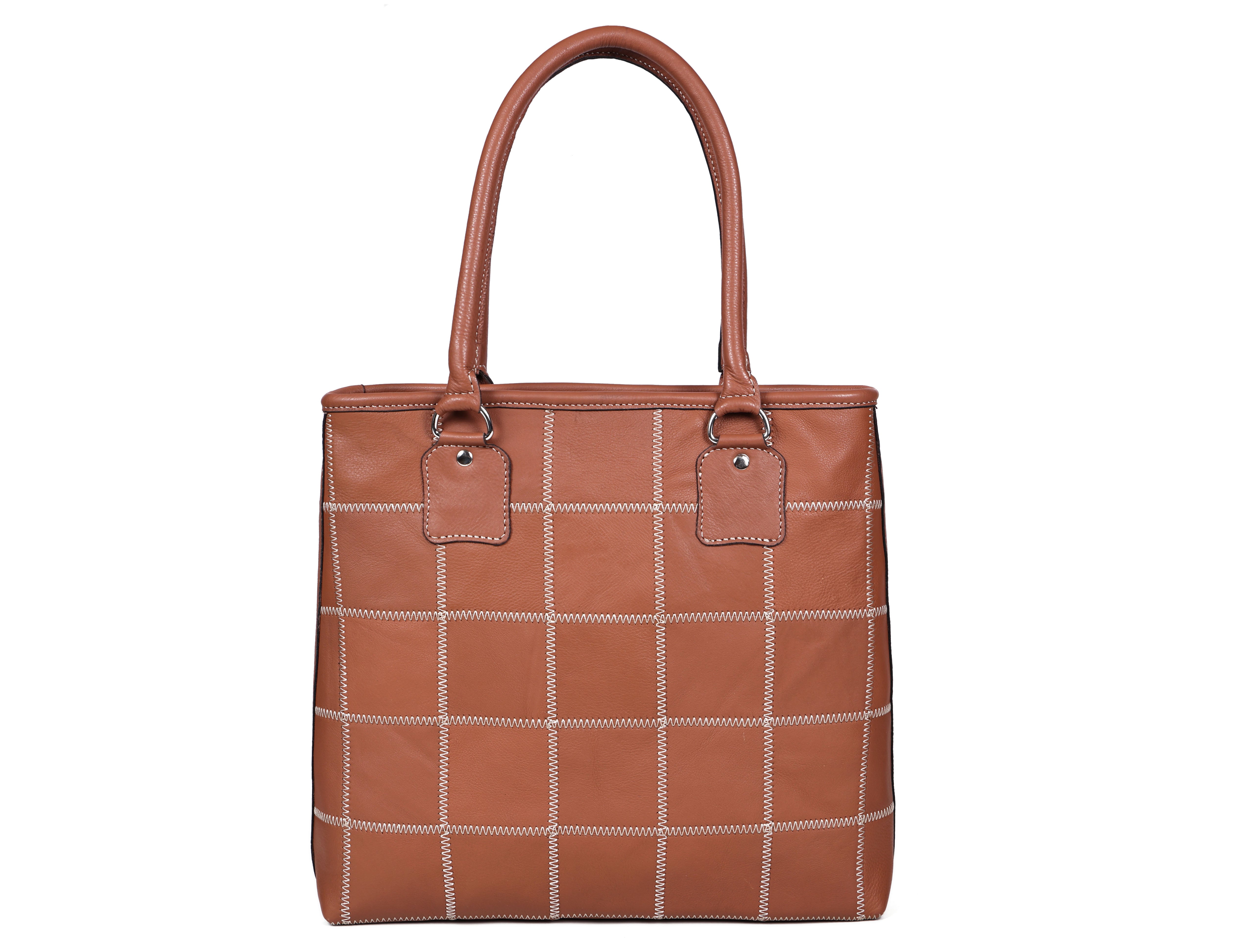 Genuine Leather Brown Tote Bag with Check Stitch Design and Zip Closure