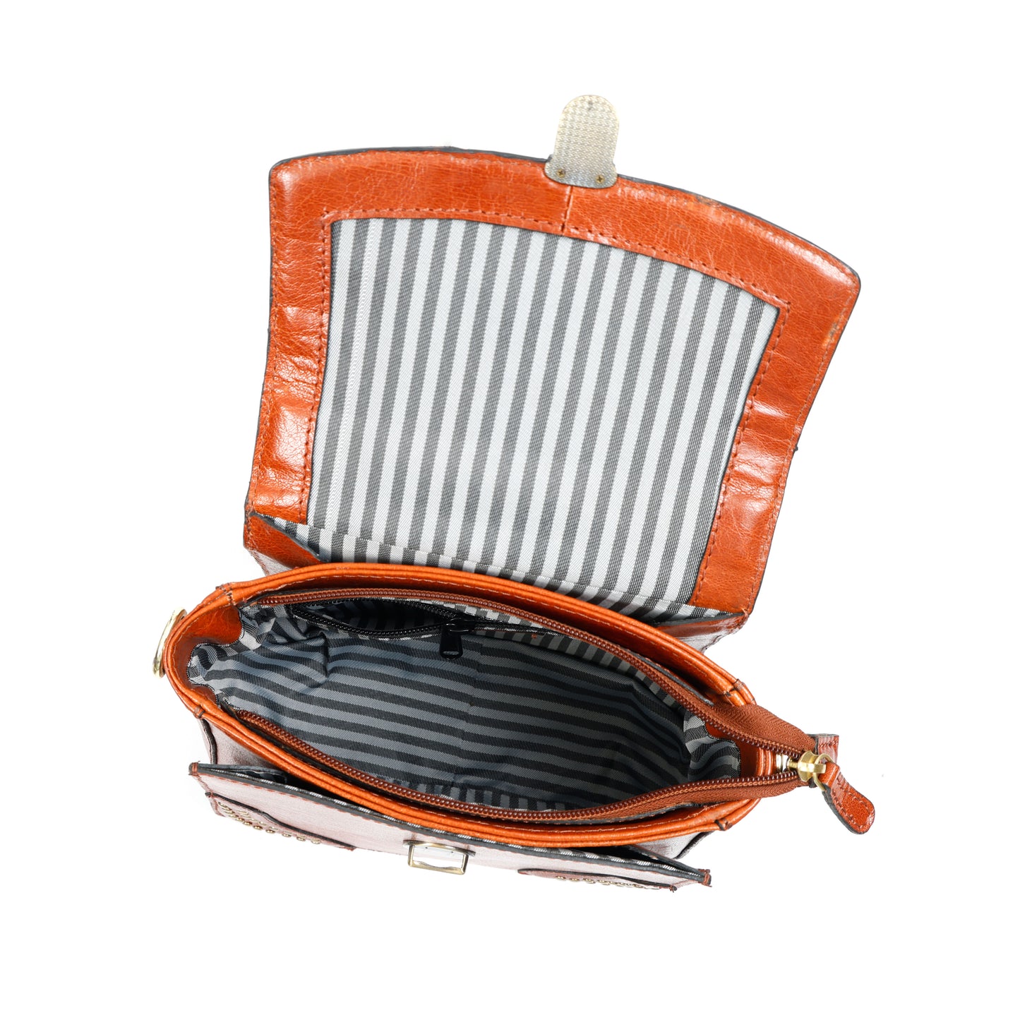 Vintage Leather Studded Top-Handle Sling Bag with Front Flap Lock & Multi-Pocket Interio