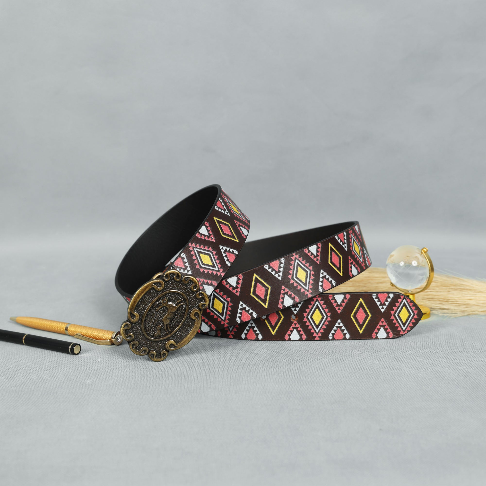 Multicolor Printed Belt with Antique Buckle Stylish Vintage-Inspired Accessory for Men & Women.LB-894