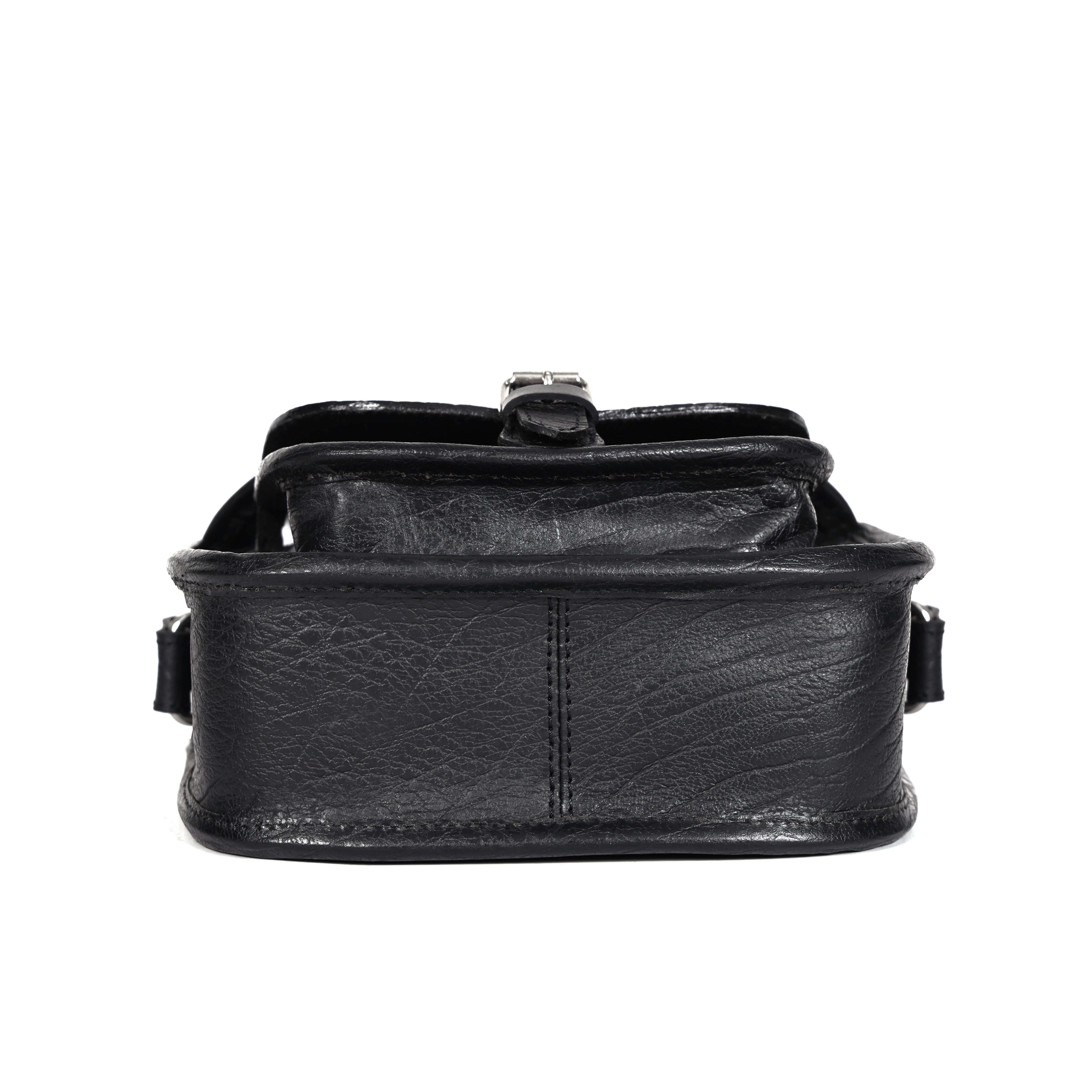 Black Wrinkle-Texture Leather Sling bag with Front Pocket & Adjustable Strap