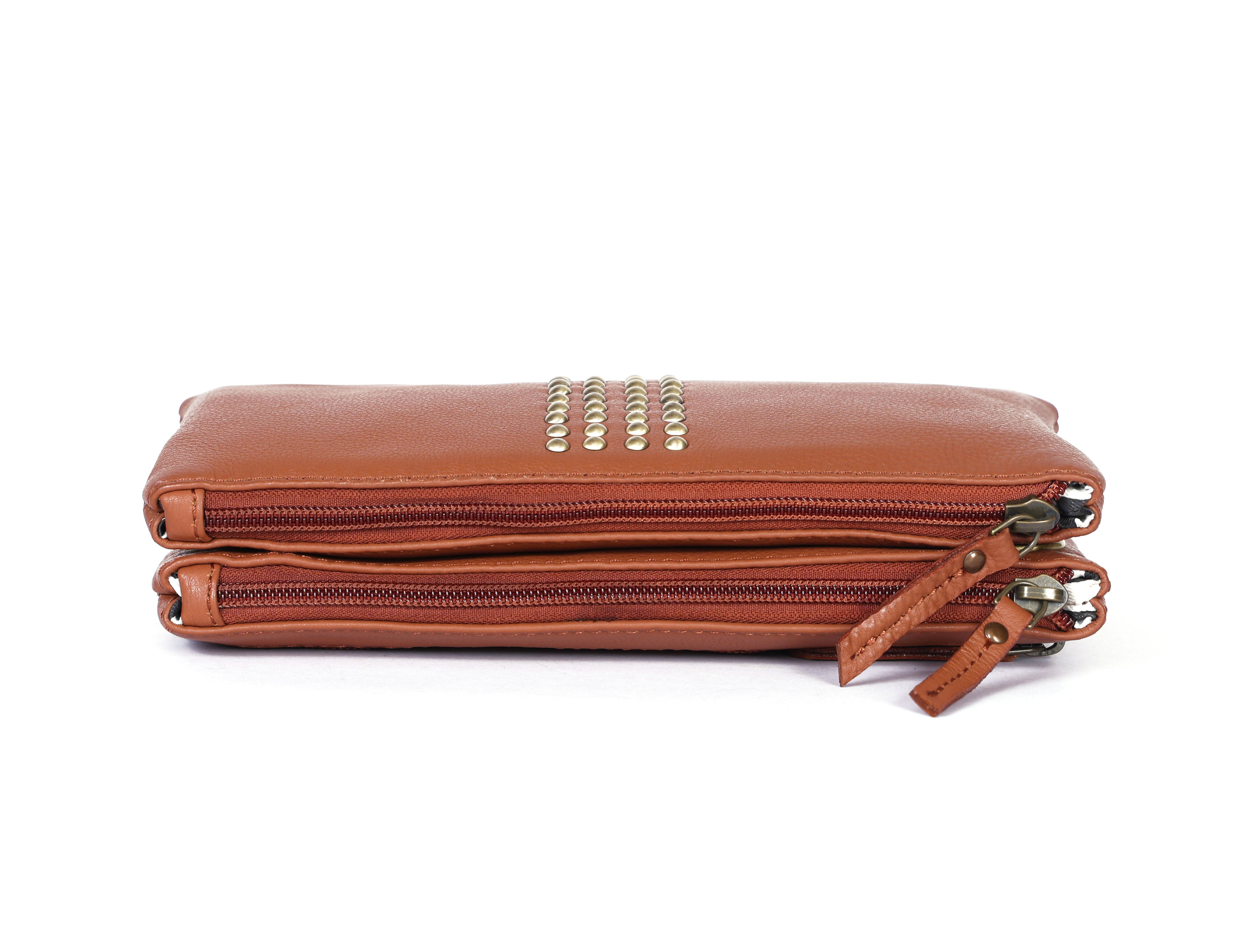Premium Genuine Leather Studded Wristlet Sling with Dual Zip Compartments for Women