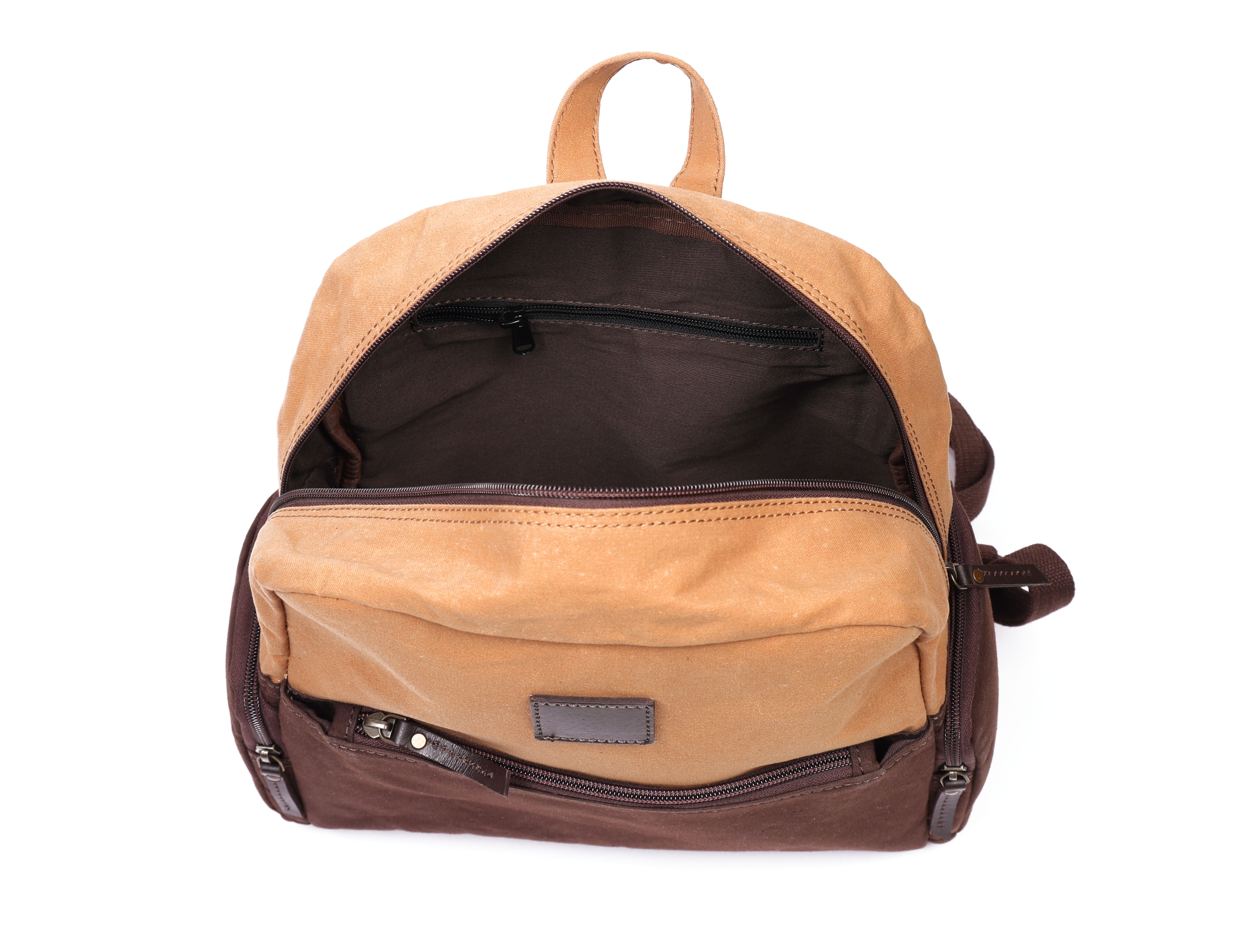 Premium Genuine Leather & Canvas Mini Backpack with Multi Zip Pockets & Adjustable Straps