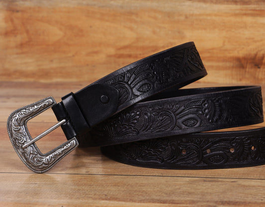 "Sophisticated Craftsmanship: Hand-Carved Black Leather Belts" Art: LB-815
