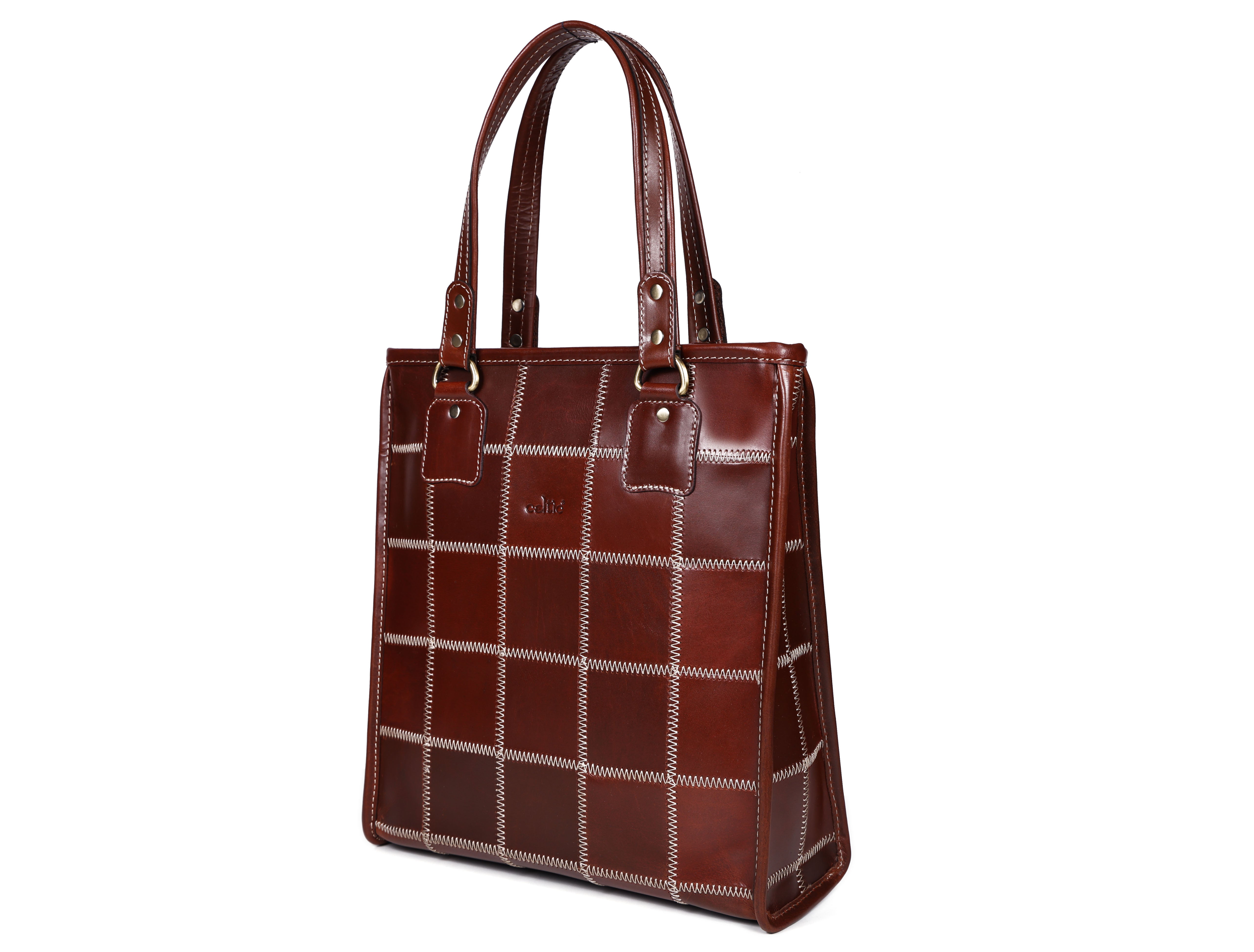 Premium Genuine Leather Shoulder totebag with Grid Stitching & Zip Closure