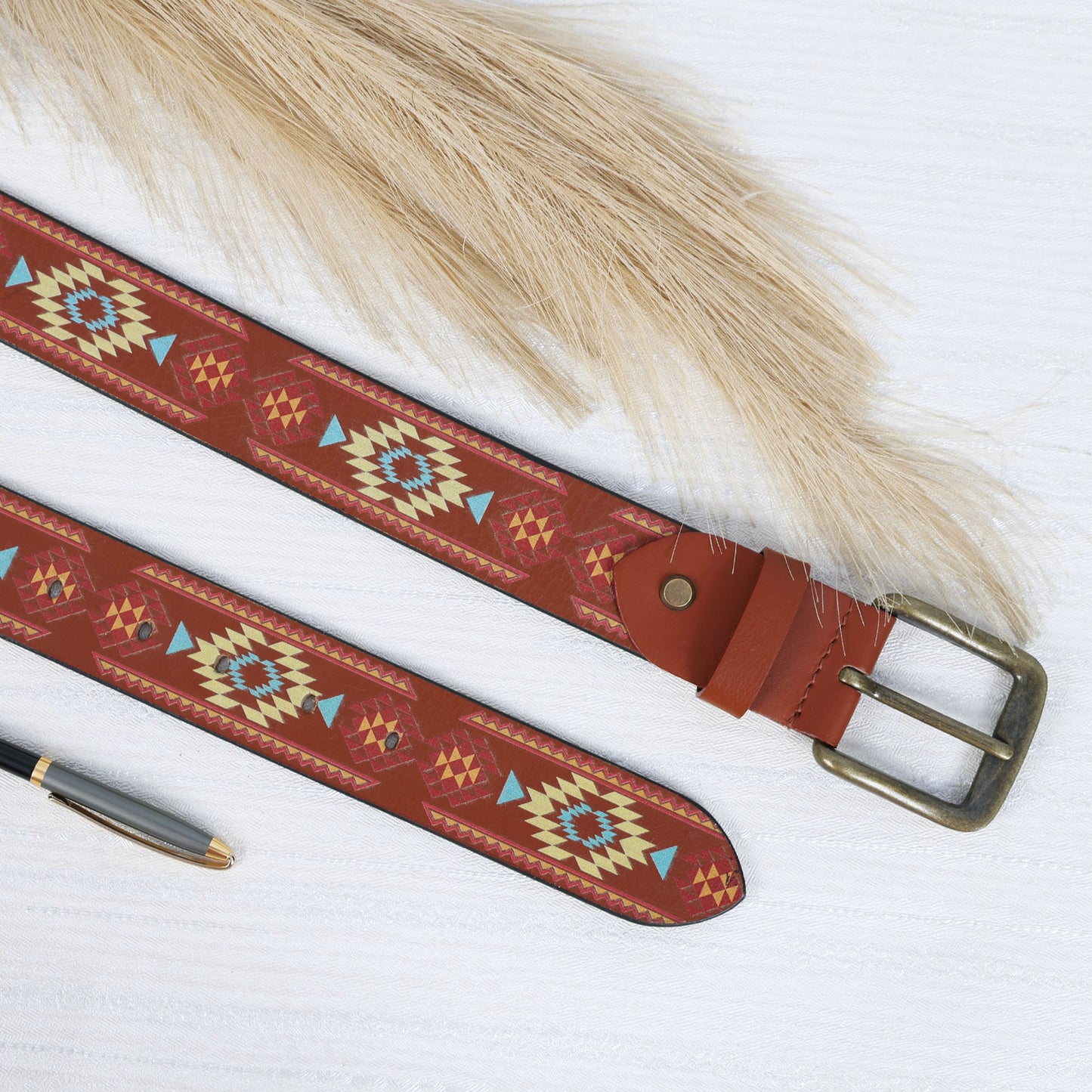 Brown Printed Belt with Ironic Statement Buckle Trendy & Bold Streetwear Accessory.LB-890
