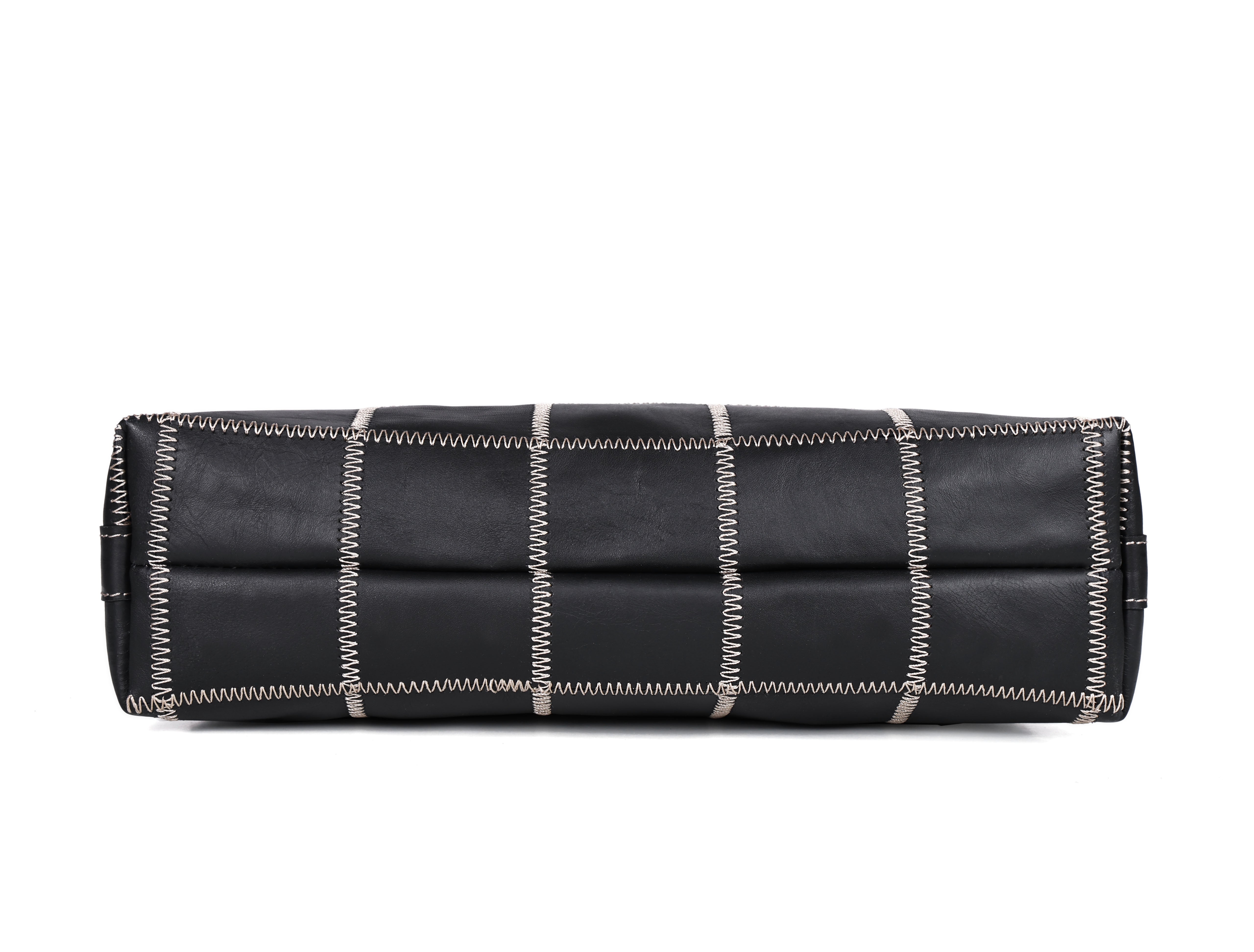 Women Black Leather Tote Bag with Contrast Stitch Grid and Spacious Interior