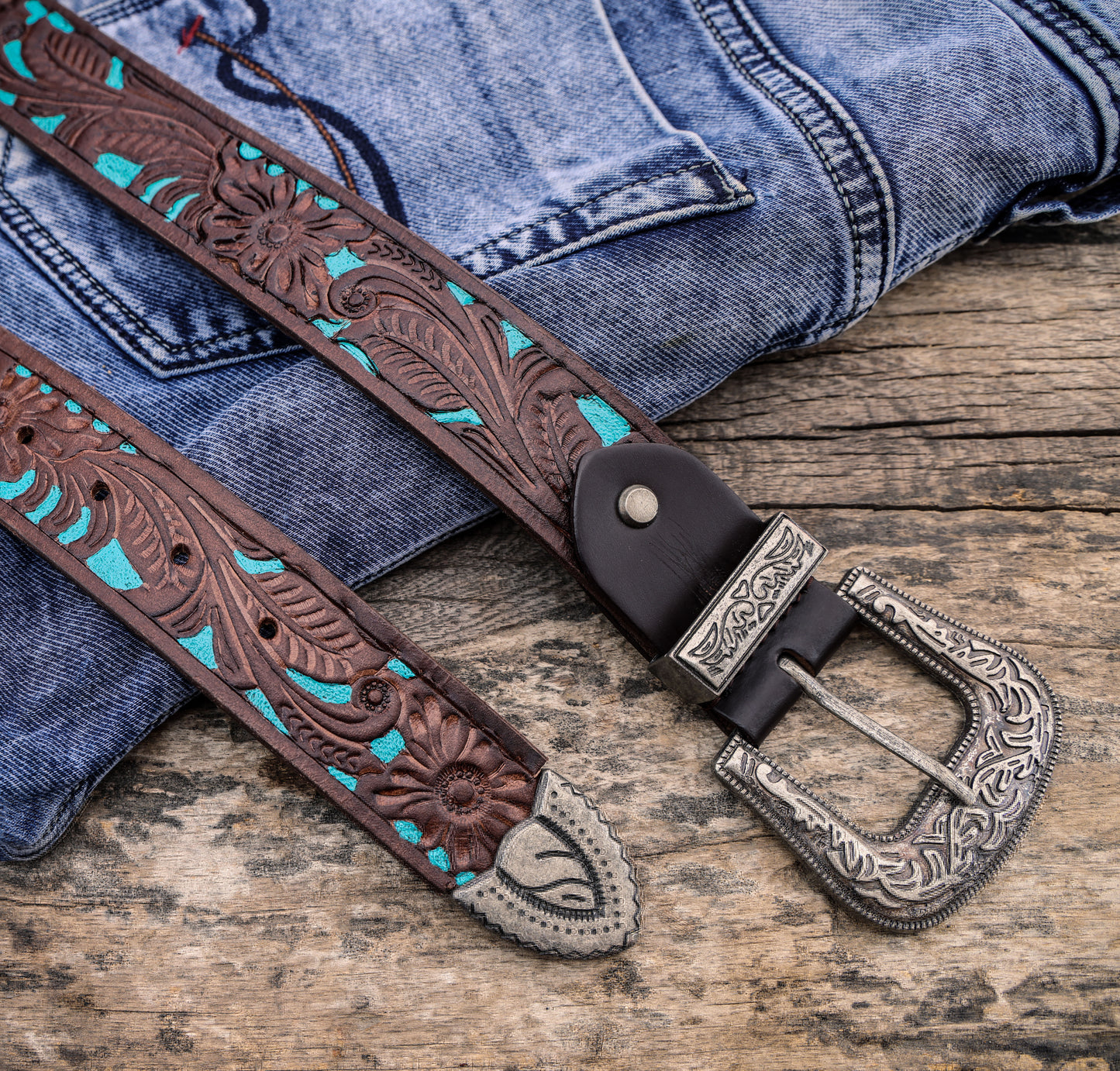 Brown and Blue Hand-Tooled Leather Belt with a Designer Buckle. - CELTICINDIA