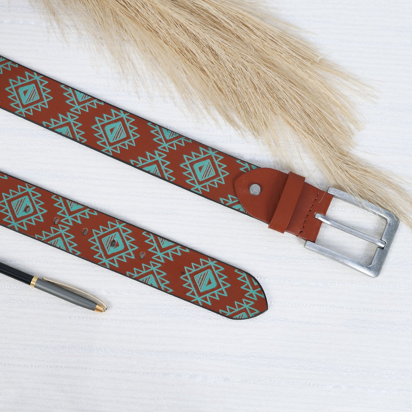 Men's Brown Printed Leather Belt with Polished Silver Buckle Stylish & Durable.LB-891