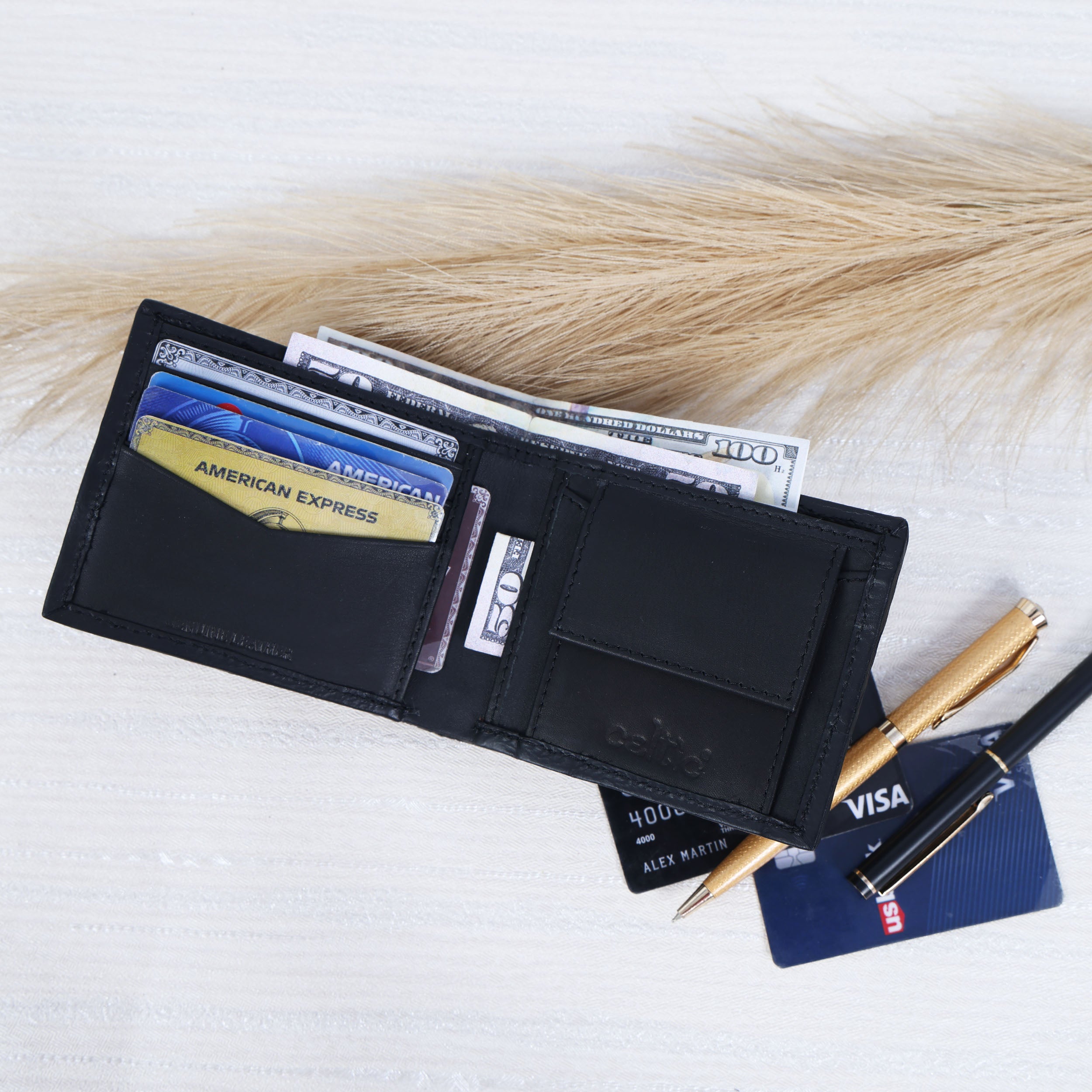Celtic Genuine Leather Bi-Fold Wallet with Coin Pocket Black