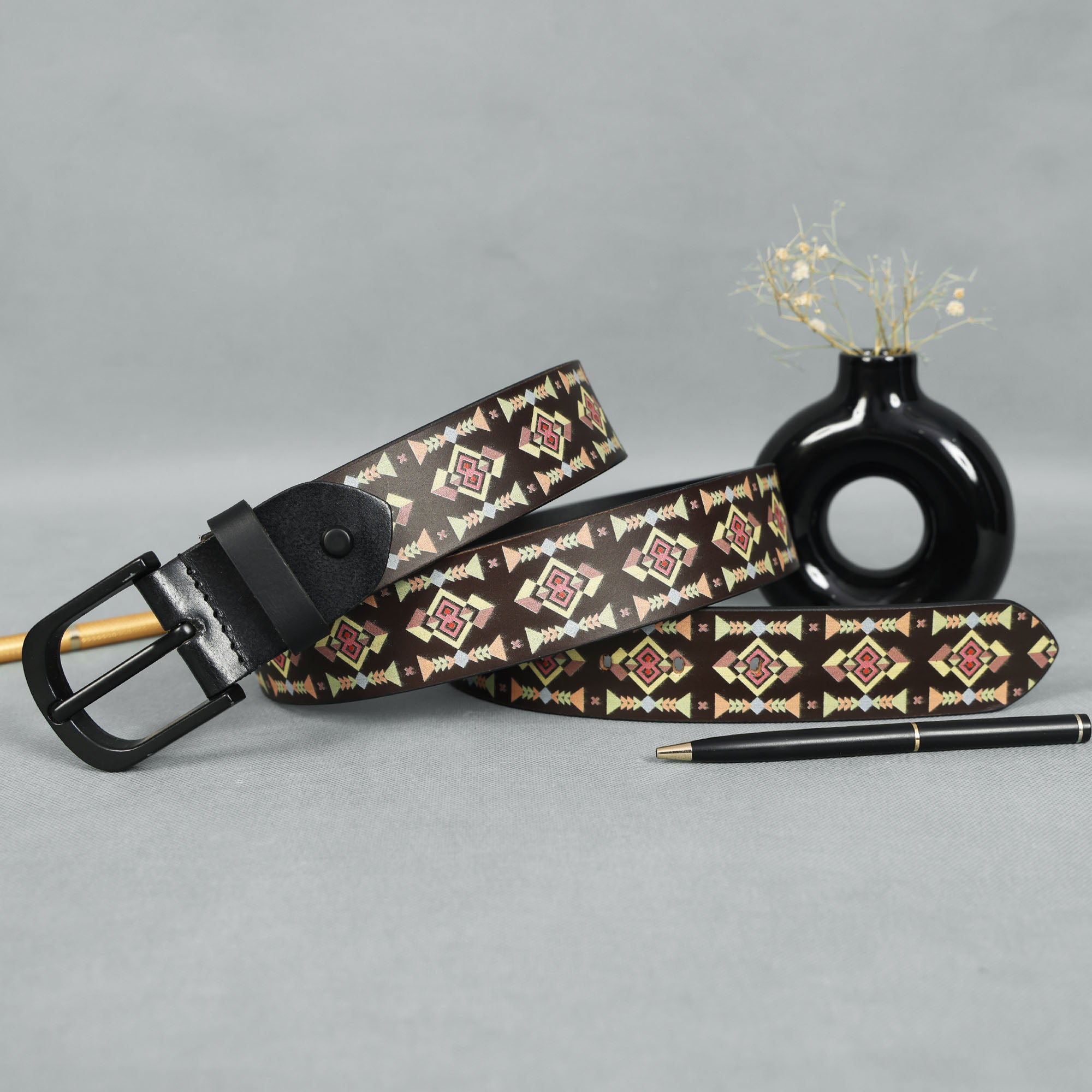 Stylish Black Printed Belt with Matte Black Buckle Durable & Versatile for Everyday Wear.LB-892