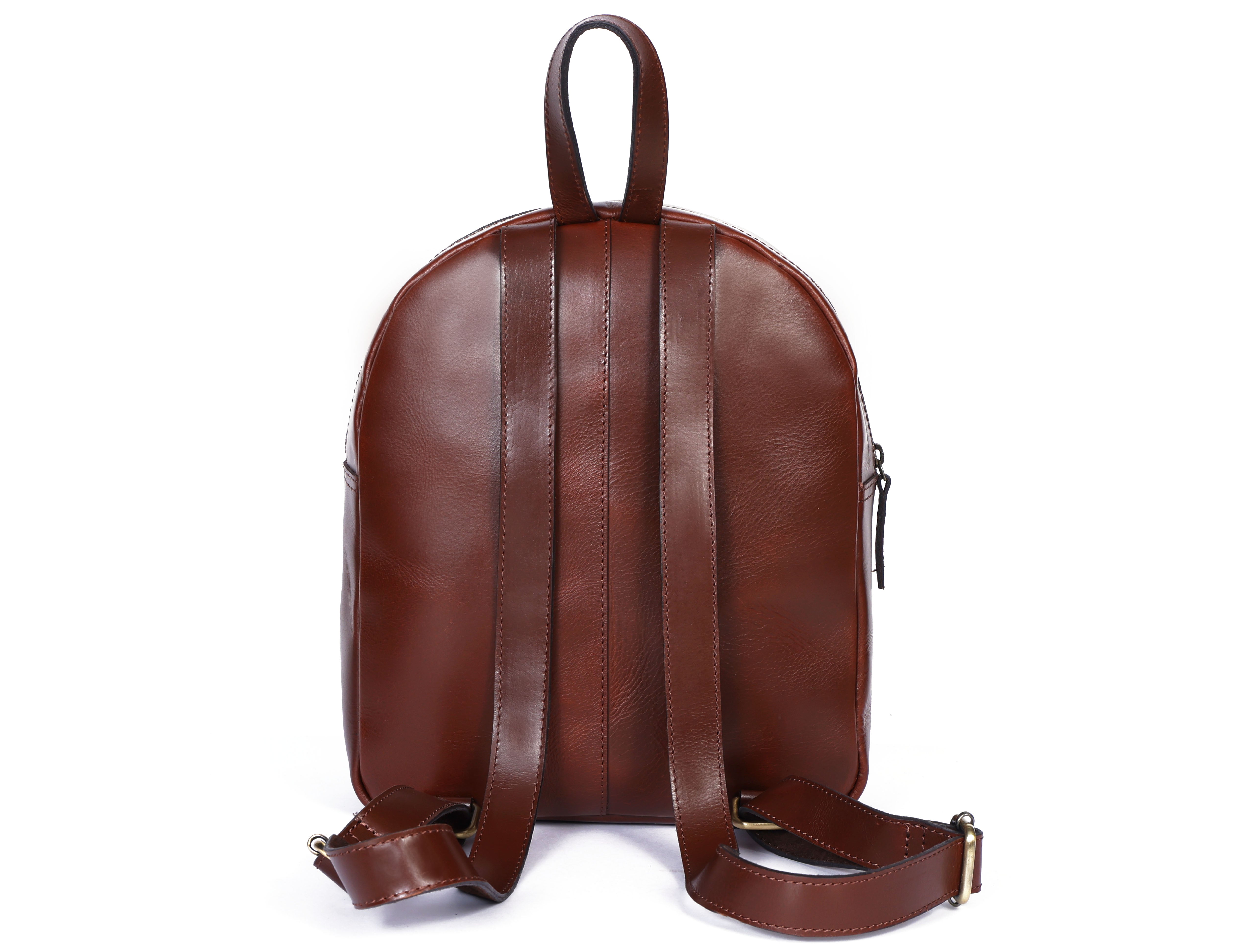 Genuine Leather Mini Backpack for Women with Front Pocket Classic Brown Daypack