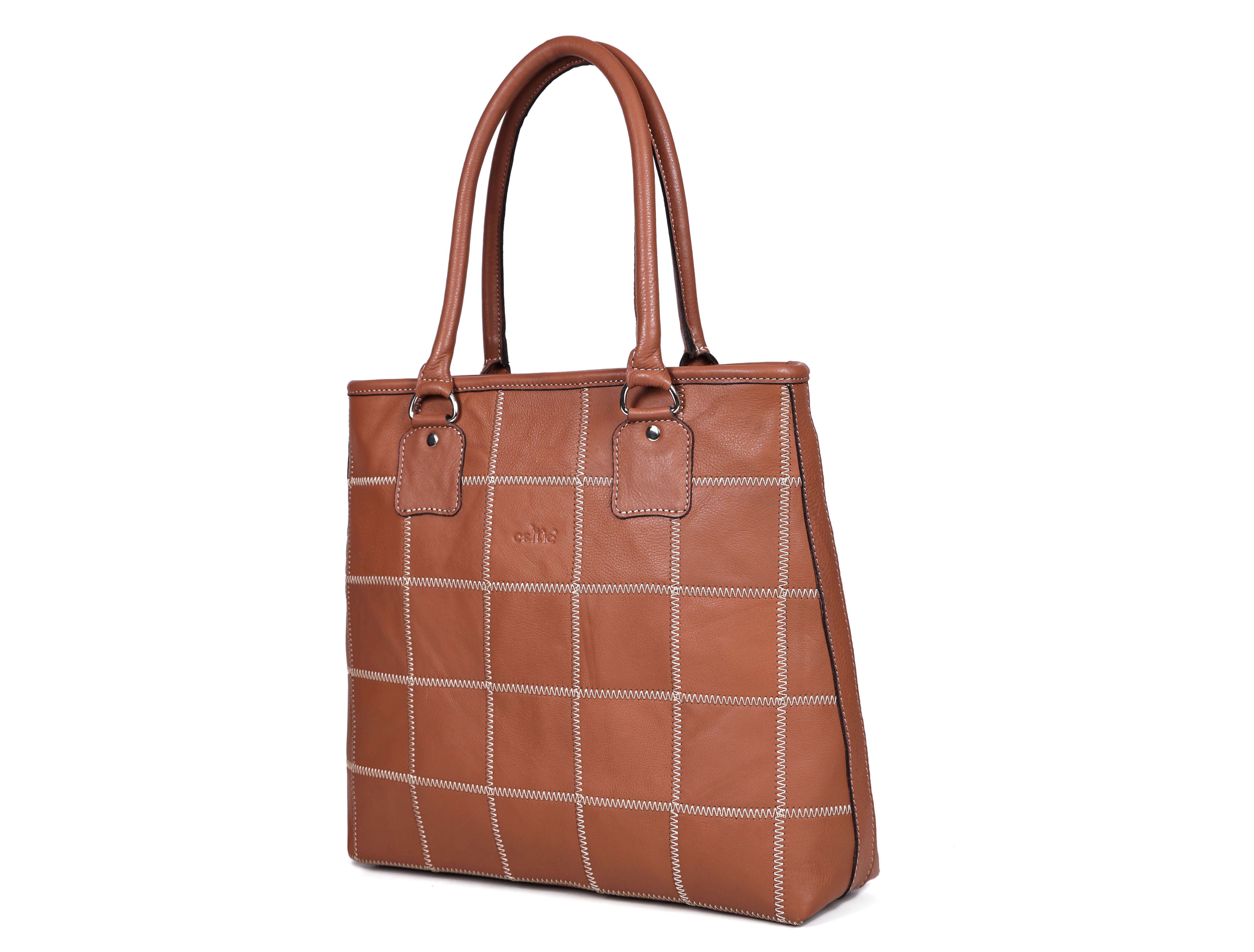 Genuine Leather Brown Tote Bag with Check Stitch Design and Zip Closure