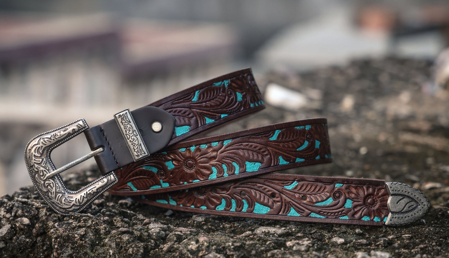 Brown and Blue Hand-Tooled Leather Belt with a Designer Buckle. - CELTICINDIA