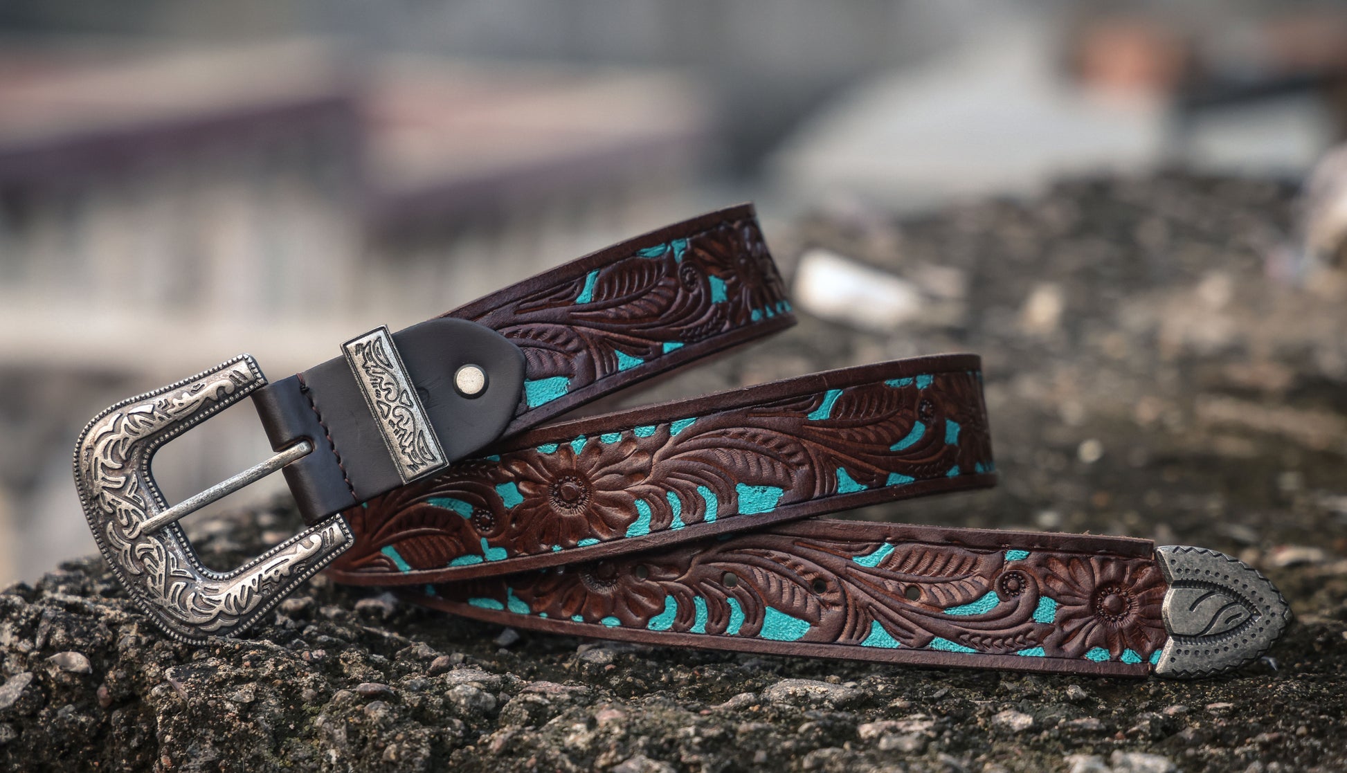 Brown and Blue Hand-Tooled Leather Belt with a Designer Buckle. - CELTICINDIA