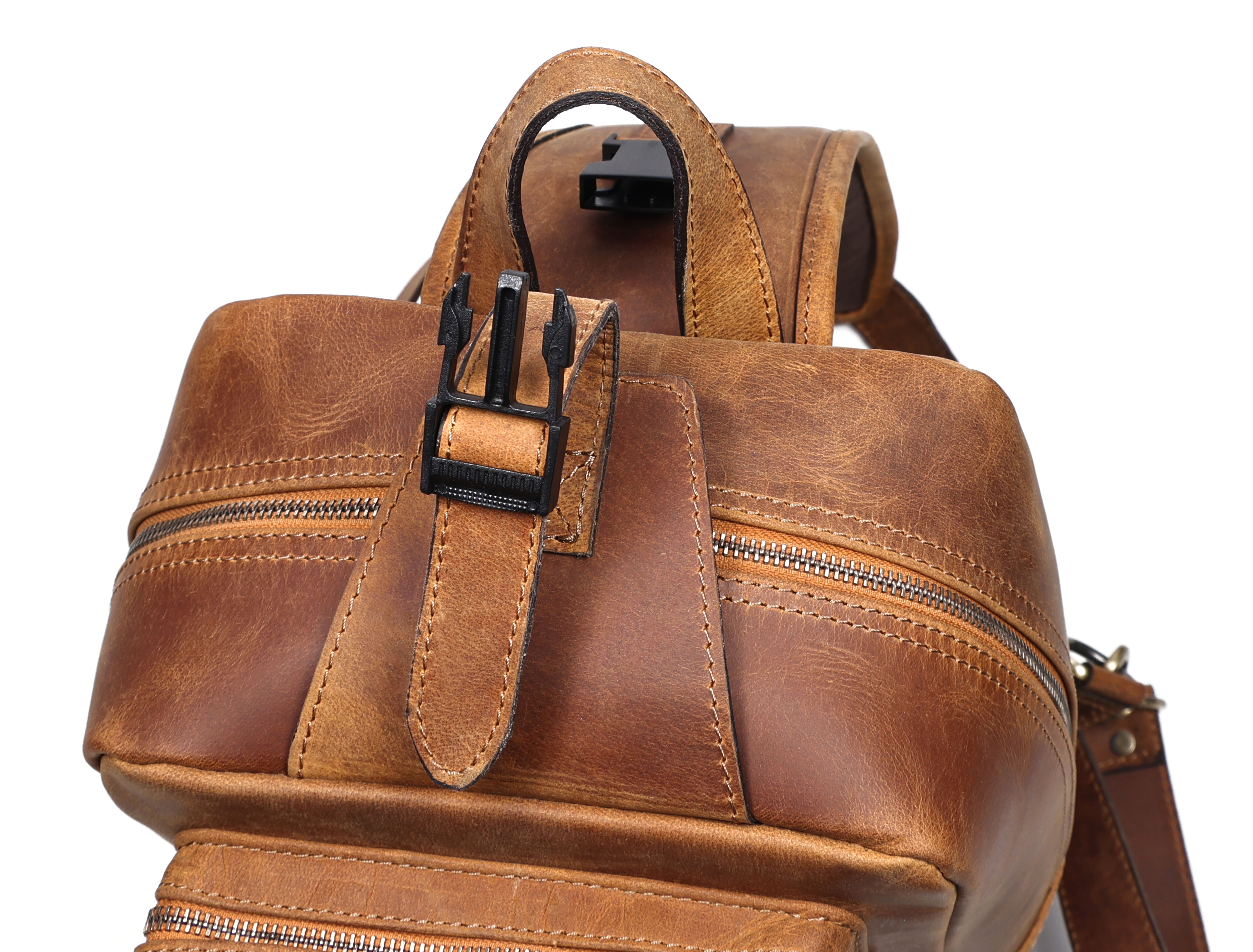 Premium Genuine Leather Crossbody Bag with Multiple Zip Pockets & Fixed Strap