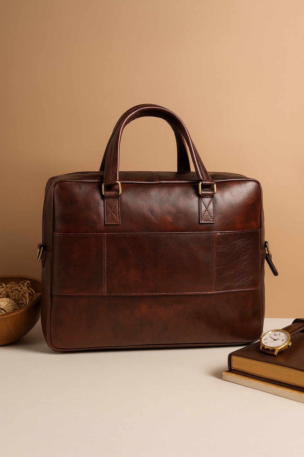 Premium Full Grain Leather Office Briefcase Laptop Bag with Zipper & Shoulder Strap