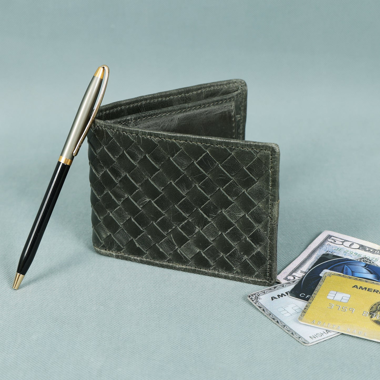 Black Braided Leather Wallet, Art:- LA-1409