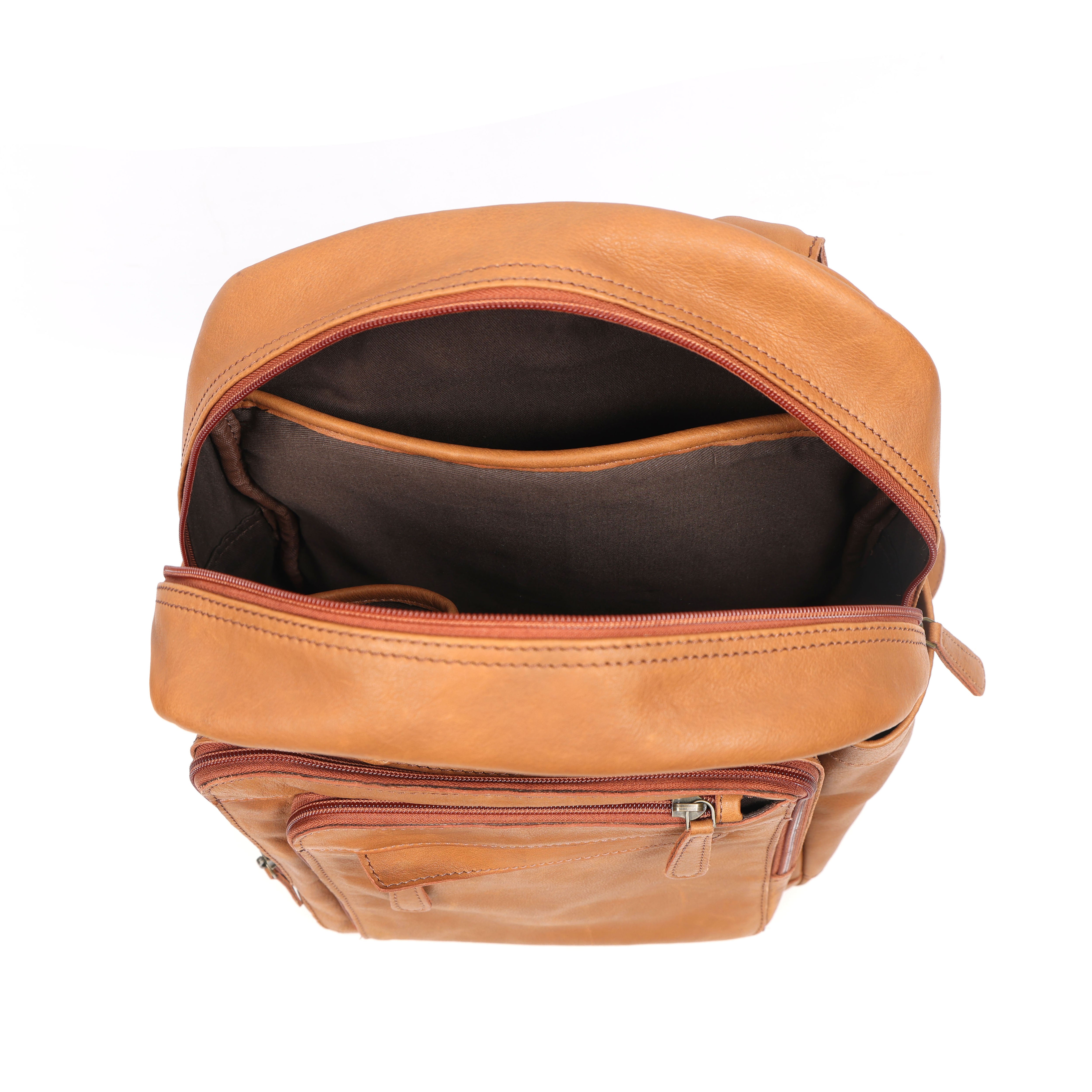 Premium Genuine Tan Leather Backpack with Multi Zip Pockets & Adjustable Straps