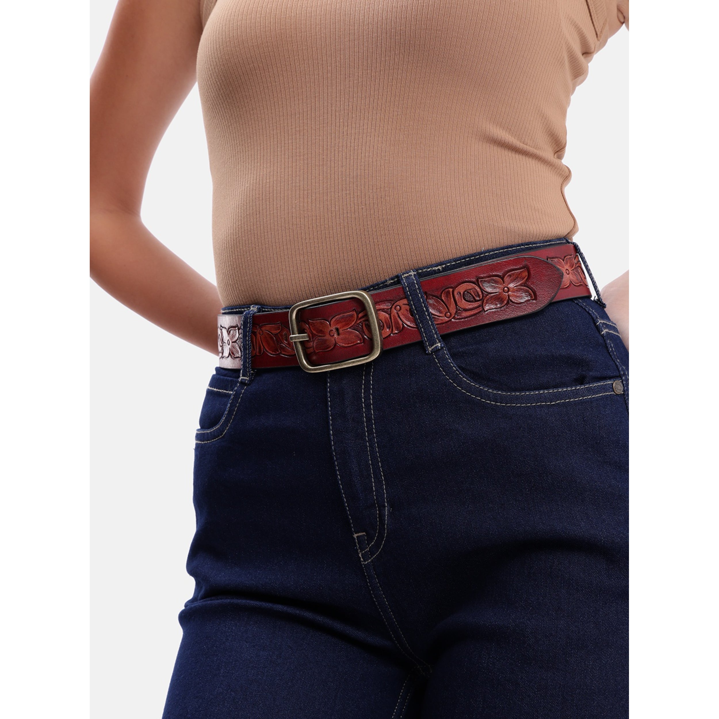Unisex Handcrafted Floral Leather Belt Vintage Brass Buckle Artisan Carved Waistwear
