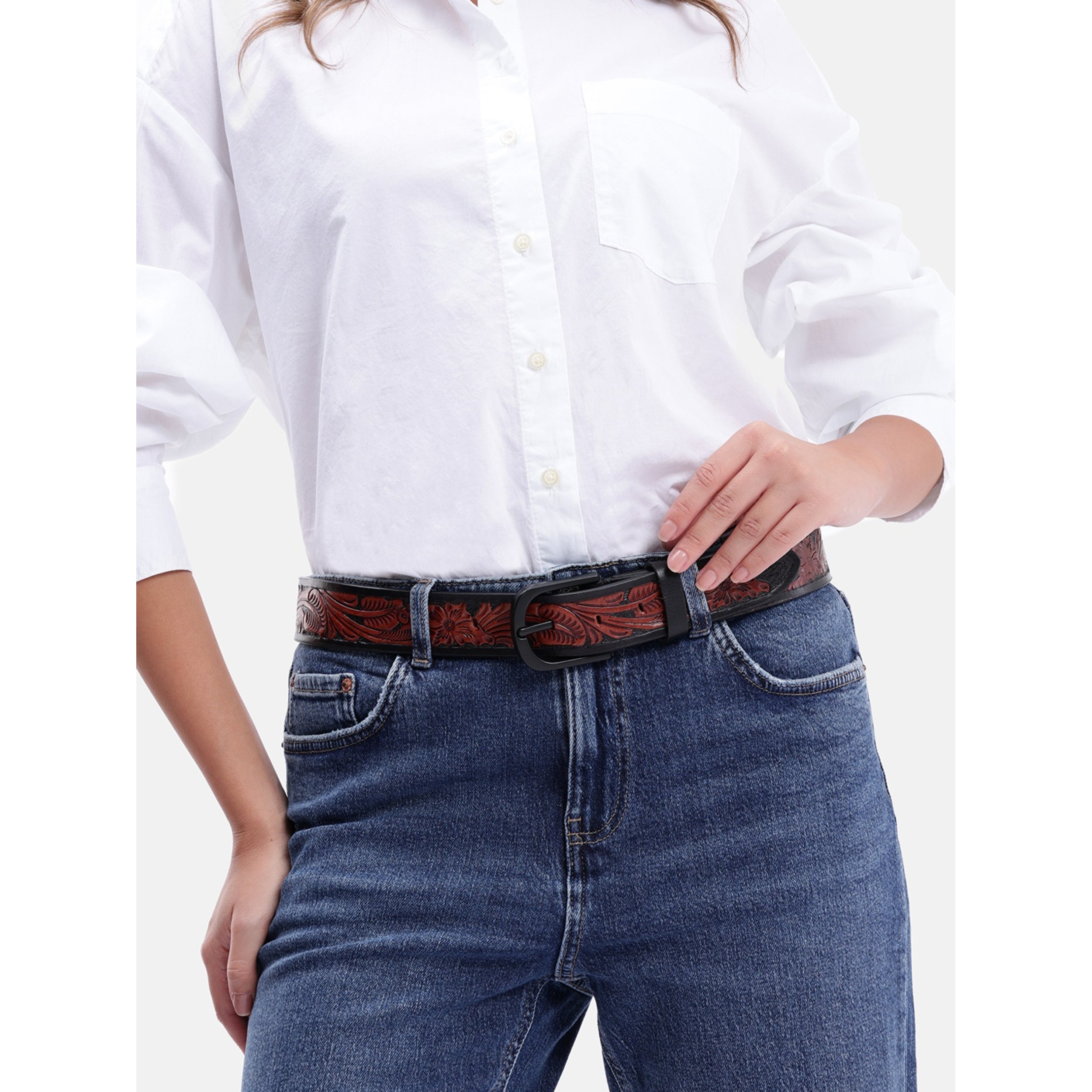 Unisex Handcrafted Floral Embossed Leather Belt With Matte Black Buckle For Casual Wear