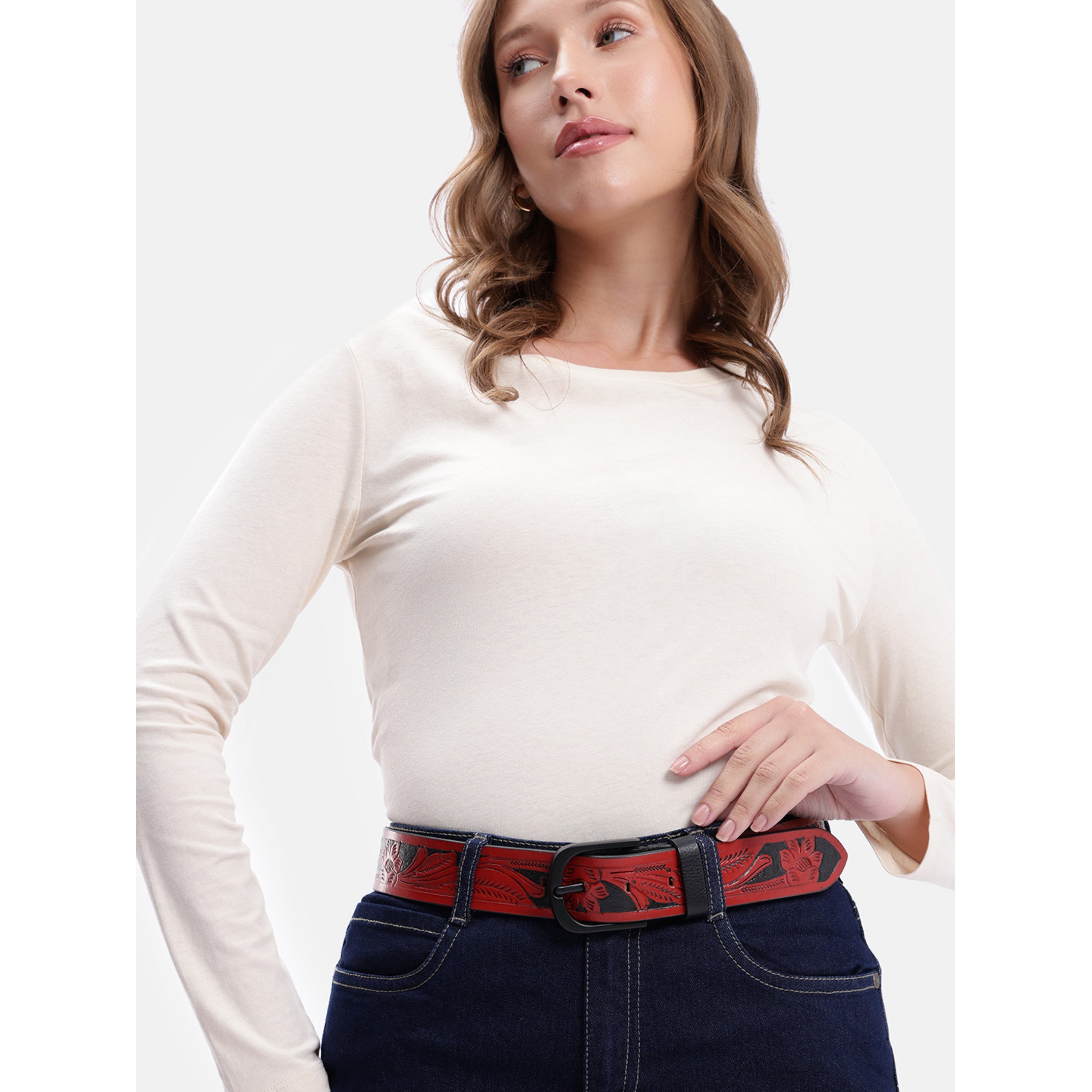 Unisex Genuine Leather Red Floral Embossed Western Casual Waistbelt Matte Black Buckle