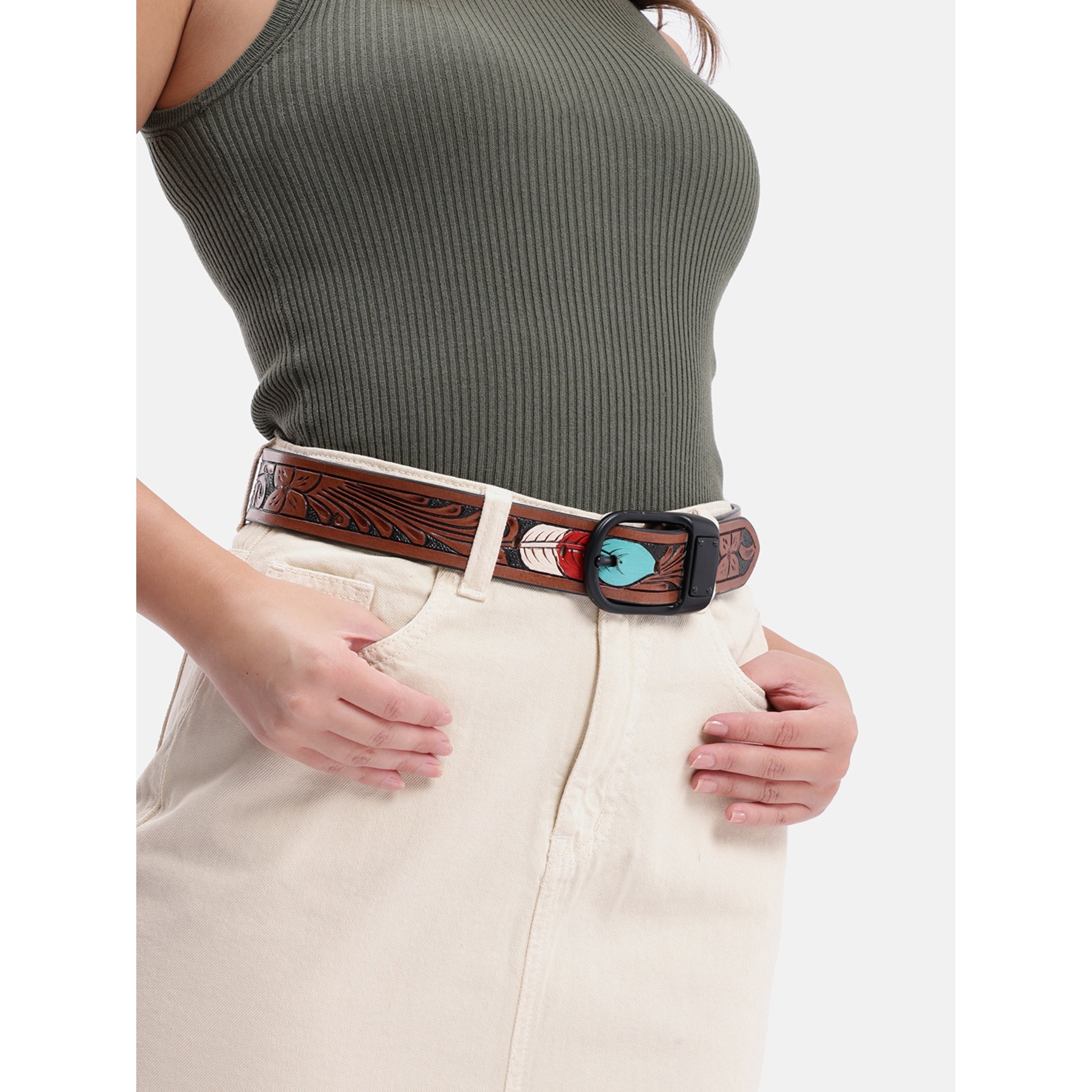 Unisex Genuine Leather Embossed Brown Feather Western Casual Waistbelt Matte Black Buckle