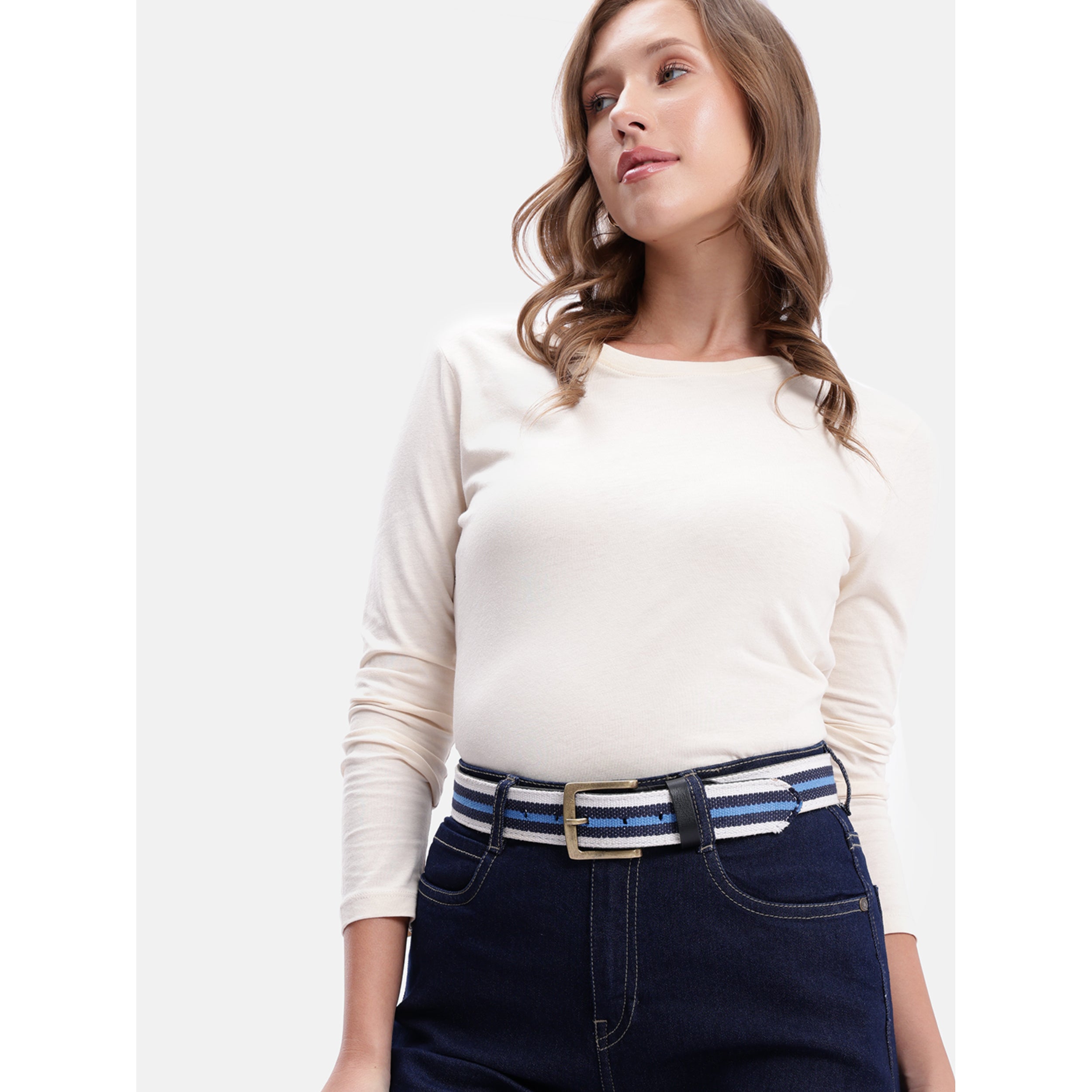 Unisex Genuine Leather Canvas Blue White Striped Waist Accessory Brass Buckle Casual
