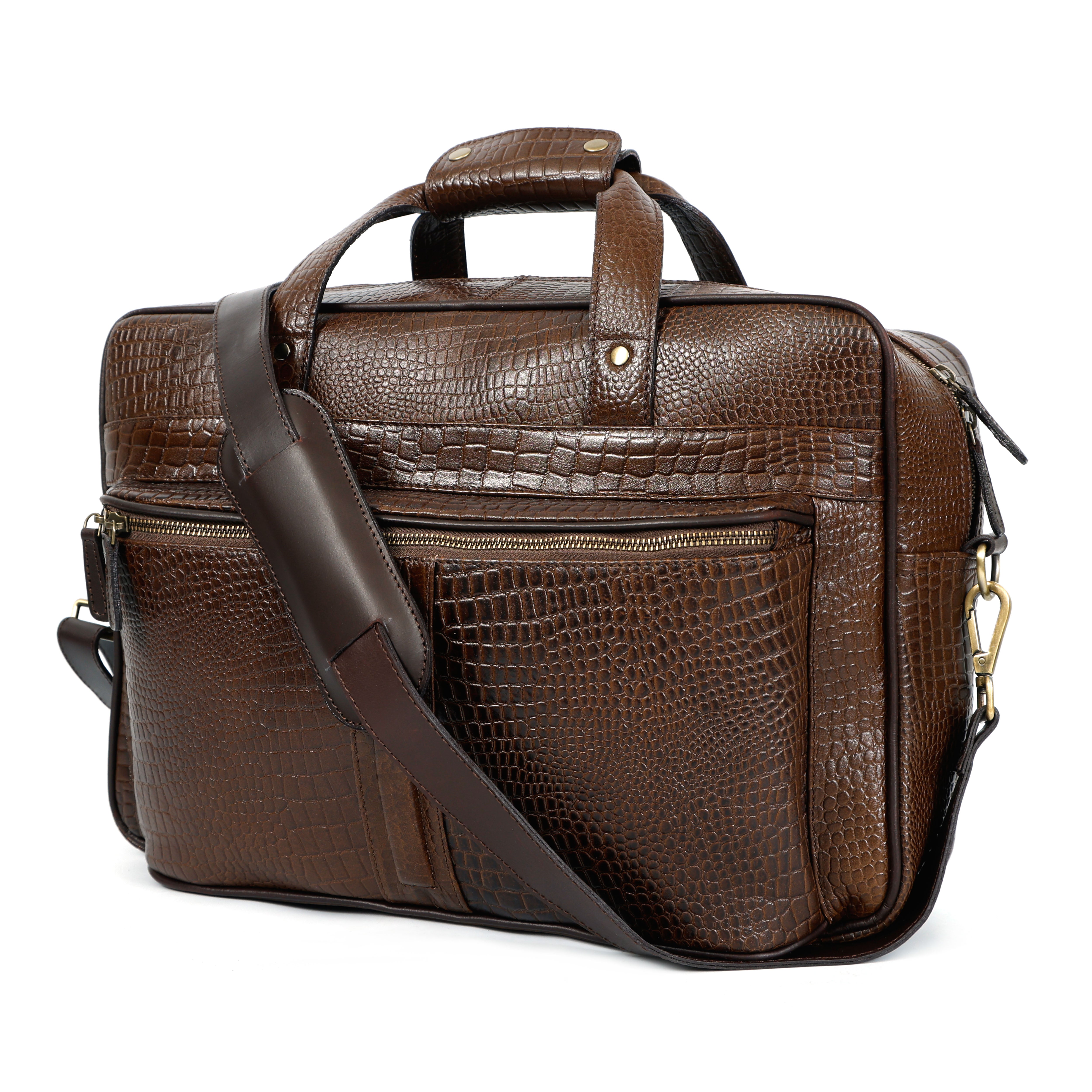 Premium Croc-Embossed Leather Office Laptop Bag with Multiple Zip Pockets & Strap