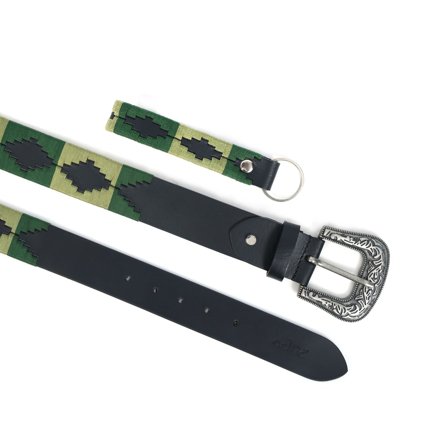 Designer Black Leather Polo Belt with Green Webbing & Premium Buckle Includes Matching Keyring. LB-867