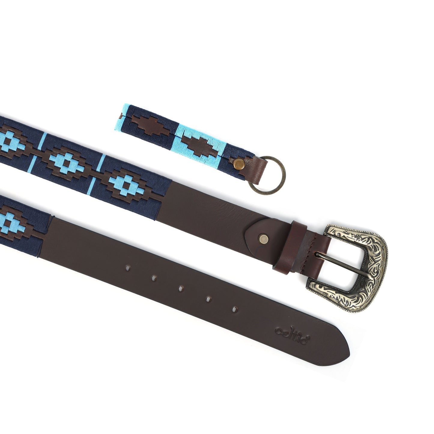 Premium Brown Leather Polo Belt with Blue Webbing & Designer Buckle + Matching Keyring. LB-866