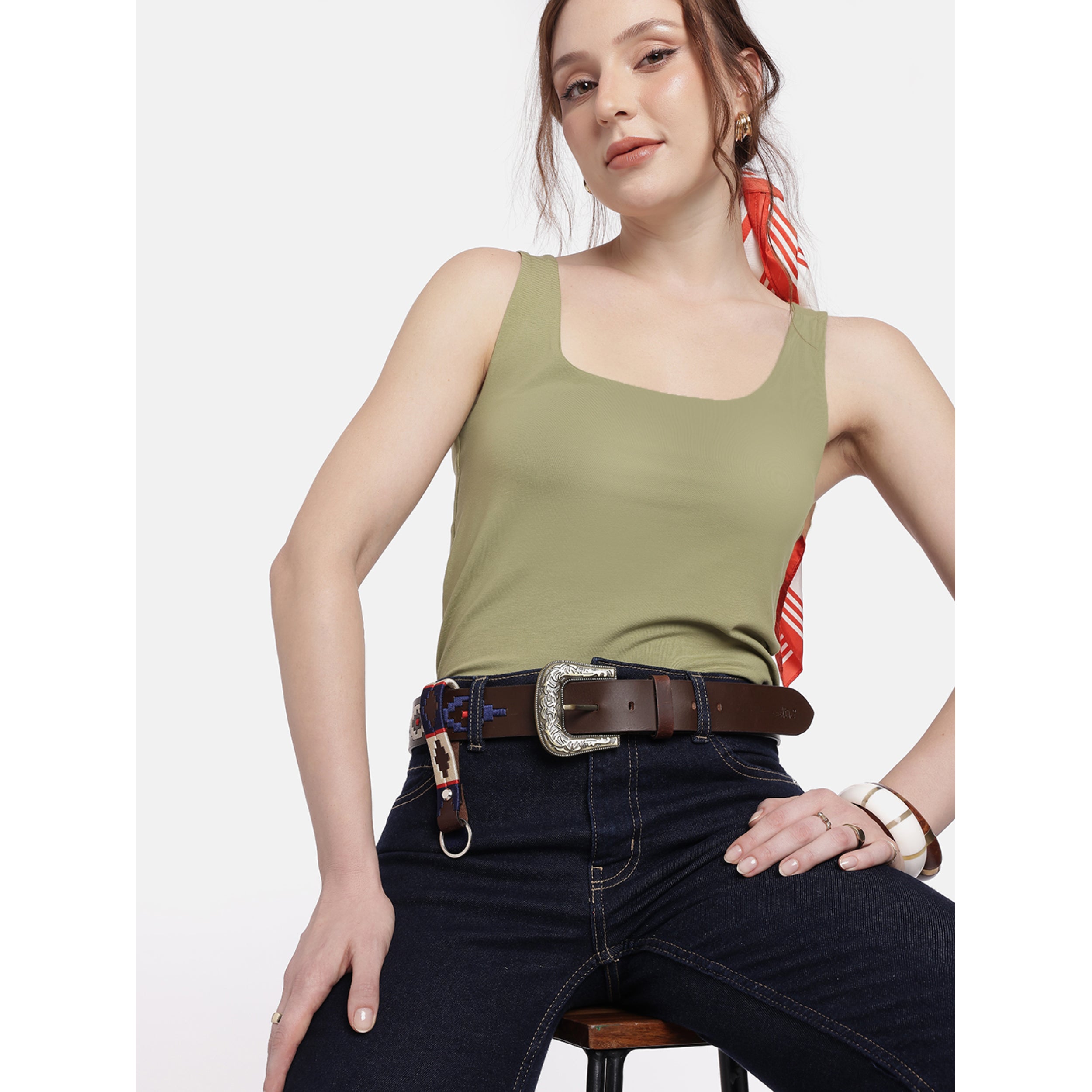 Unisex Handcrafted premium Leather Belt With Geometric Fabric Inlay And Antique Metal Buckle