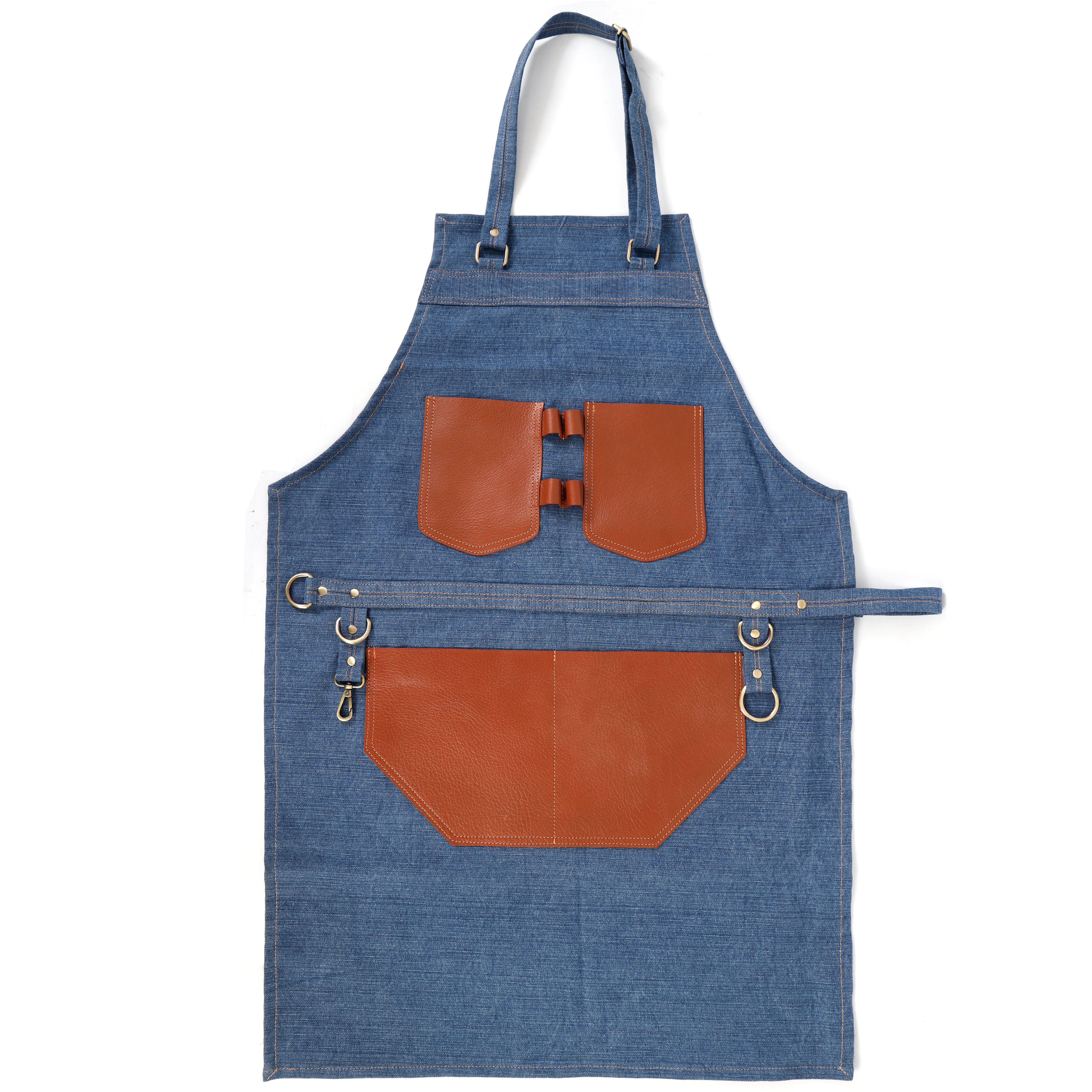Premium Genuine Leather & Canvas Bib Apron – Tan & Blue with Removable Snap lock
