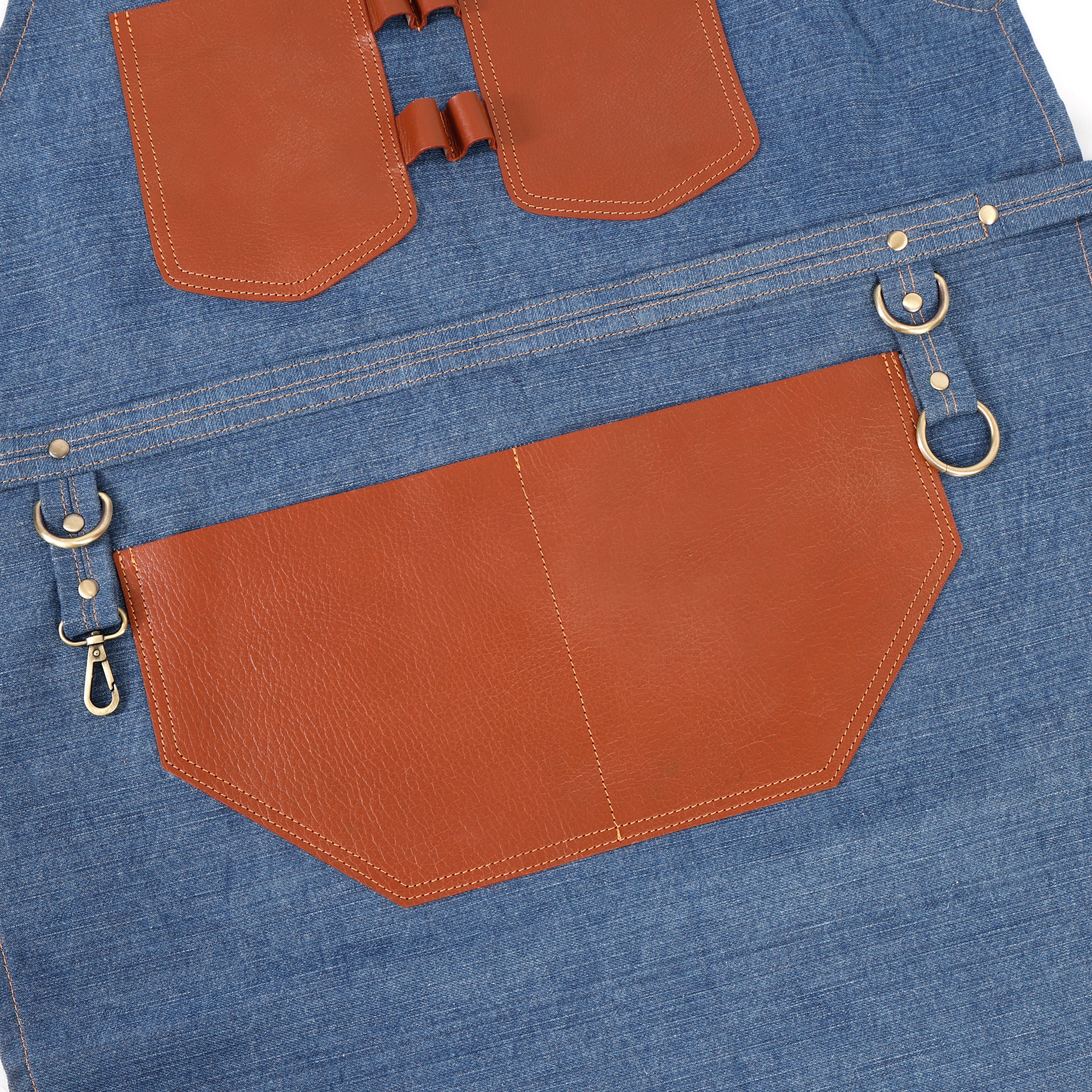 Premium Genuine Leather & Canvas Bib Apron – Tan & Blue with Removable Snap lock